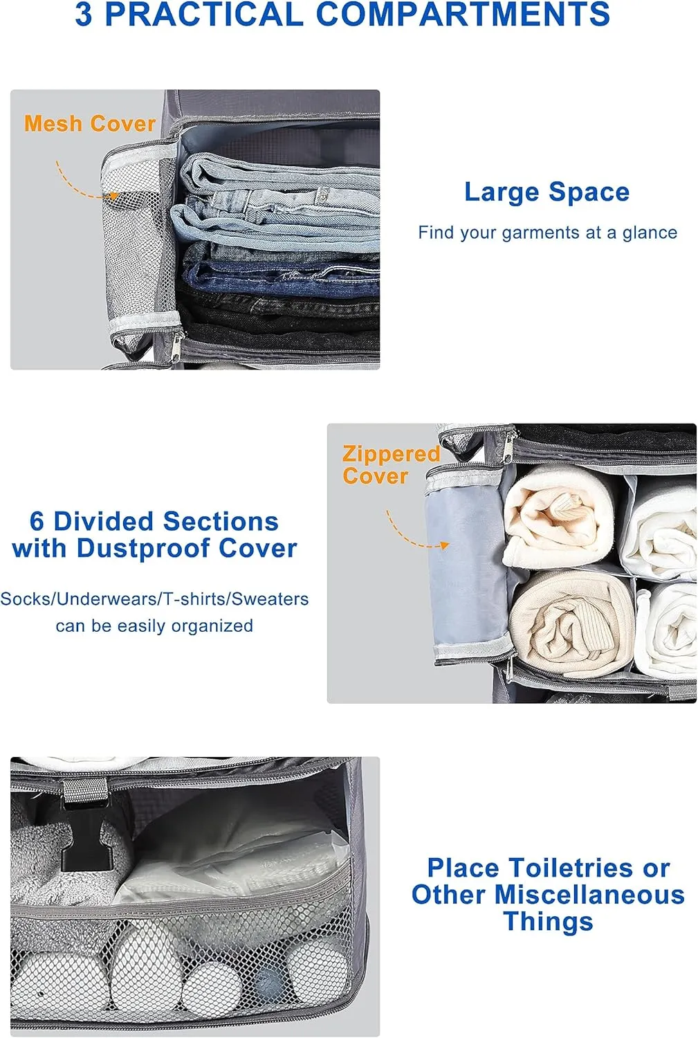 ELEZAY Hanging Packing Cubes Portable Closet 3-Shelf Travel Collapsible Compression Garment Organizer for Carry-on Luggage Suitcase Space Saver Bag X-Large_12*10 * 24 in, Gray