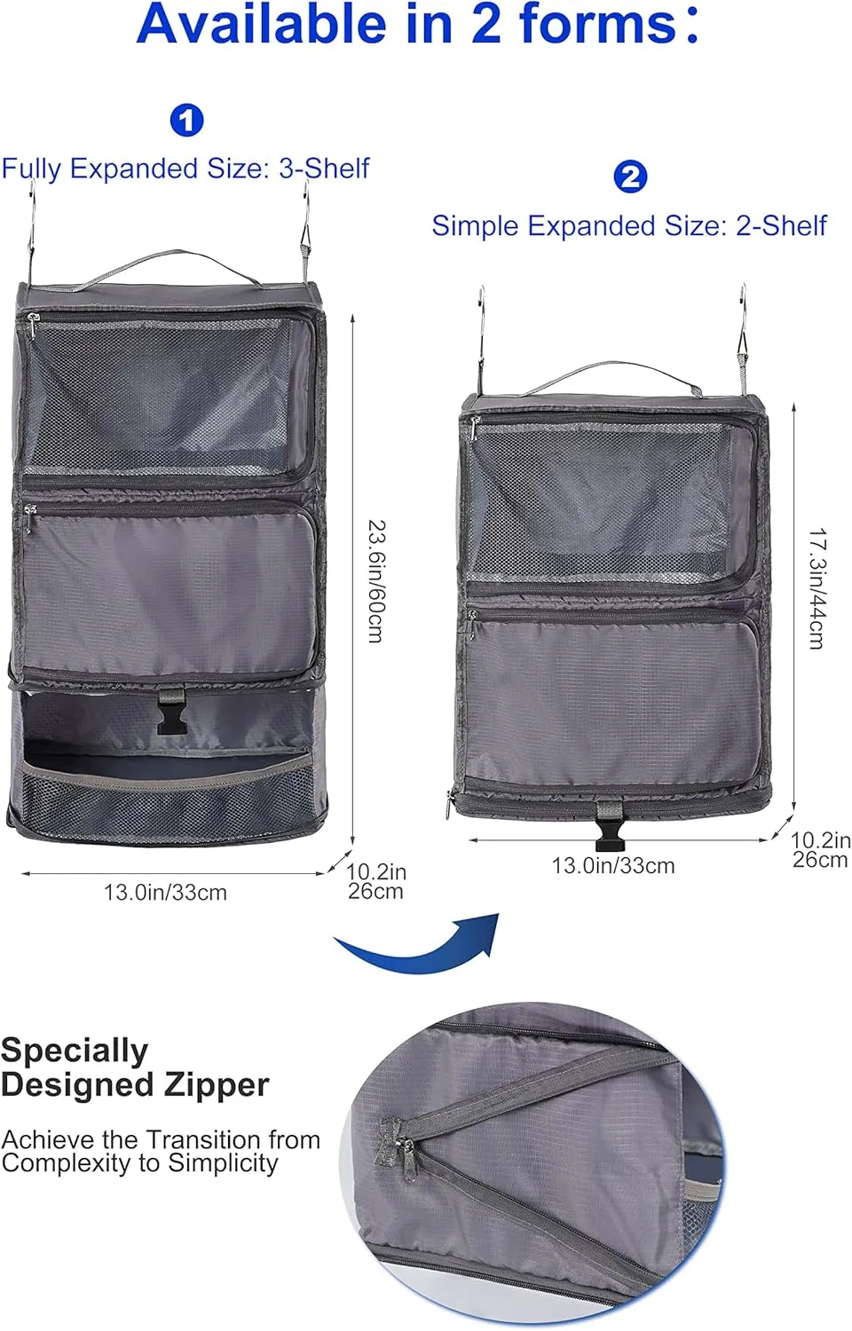 ELEZAY Hanging Packing Cubes Portable Closet 3-Shelf Travel Collapsible Compression Garment Organizer for Carry-on Luggage Suitcase Space Saver Bag X-Large_12*10 * 24 in, Gray