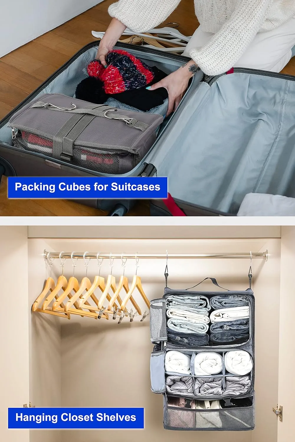 ELEZAY Hanging Packing Cubes Portable Closet 3-Shelf Travel Collapsible Compression Garment Organizer for Carry-on Luggage Suitcase Space Saver Bag X-Large_12*10 * 24 in, Gray