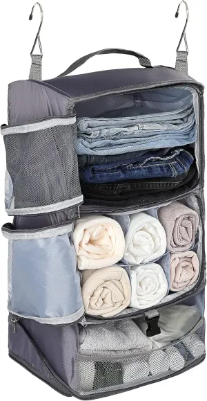ELEZAY Hanging Packing Cubes Portable Closet 3-Shelf Travel Collapsible Compression Garment Organizer for Carry-on Luggage Suitcase Space Saver Bag X-Large_12*10 * 24 in, Gray