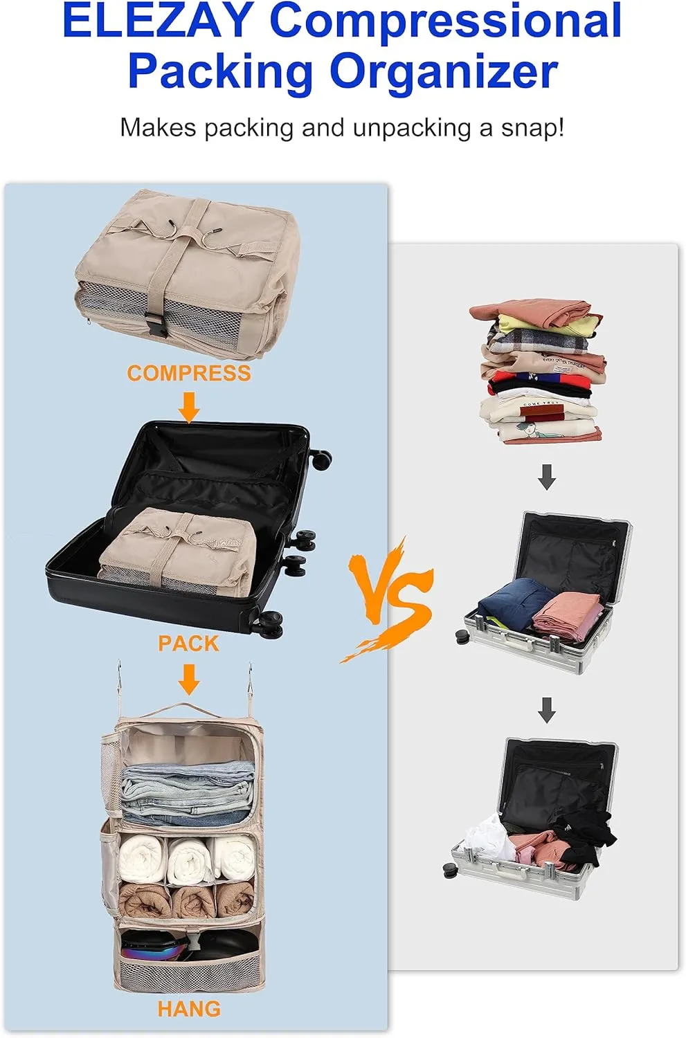 ELEZAY Hanging Packing Cubes Portable Closet 3-Shelf Travel Collapsible Compression Garment Organizer for Carry-on Luggage Suitcase Space Saver Bag X-Large_No Side Pockets, Beige