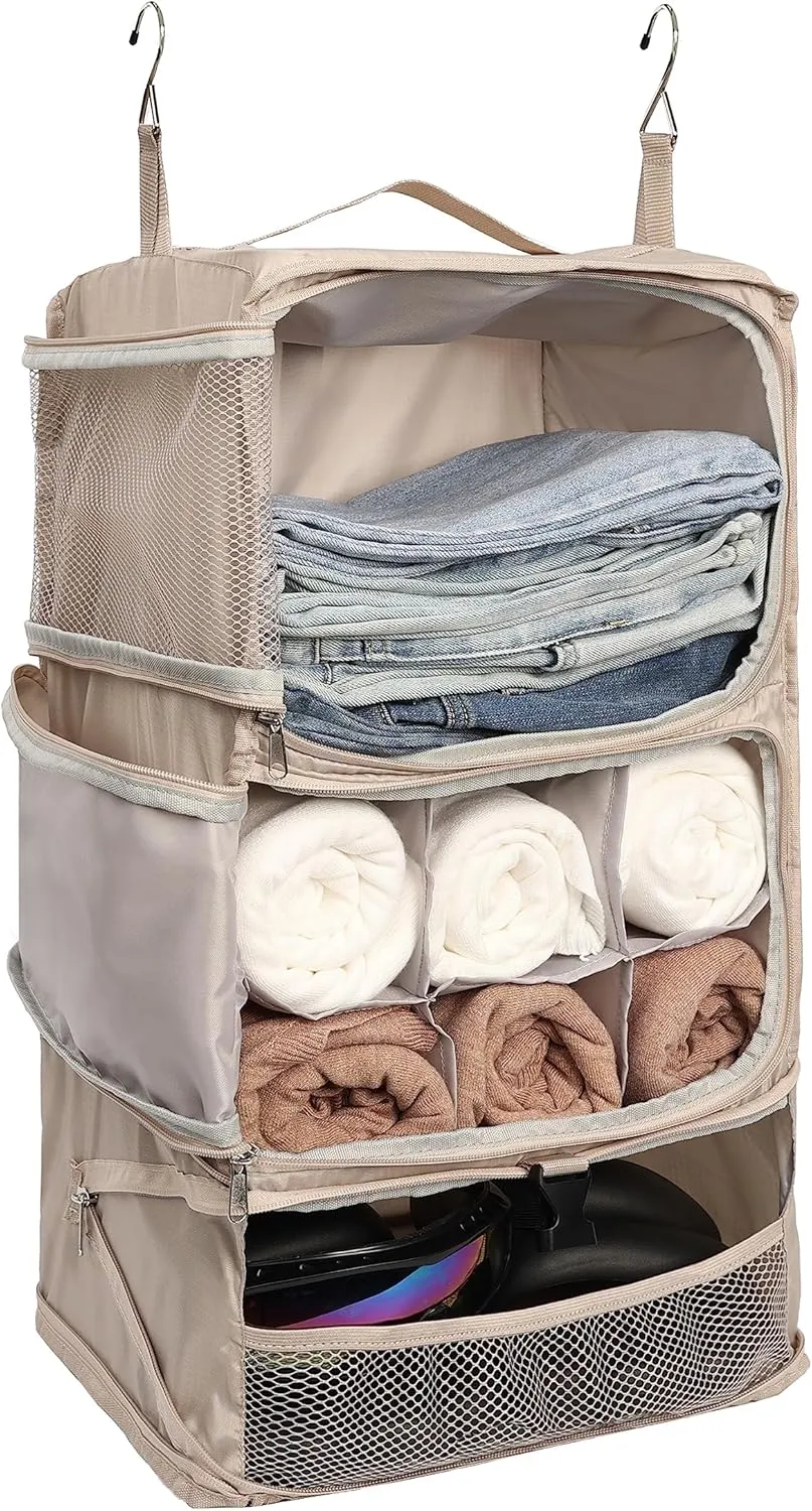 ELEZAY Hanging Packing Cubes Portable Closet 3-Shelf Travel Collapsible Compression Garment Organizer for Carry-on Luggage Suitcase Space Saver Bag X-Large_No Side Pockets, Beige