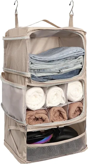 ELEZAY Hanging Packing Cubes Portable Closet 3-Shelf Travel Collapsible Compression Garment Organizer for Carry-on Luggage Suitcase Space Saver Bag X-Large_No Side Pockets, Beige