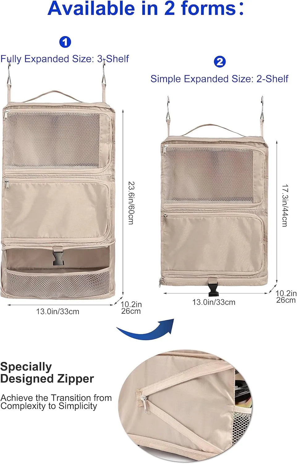 ELEZAY Hanging Packing Cubes Portable Closet 3-Shelf Travel Collapsible Compression Garment Organizer for Carry-on Luggage Suitcase Space Saver Bag X-Large_No Side Pockets, Beige