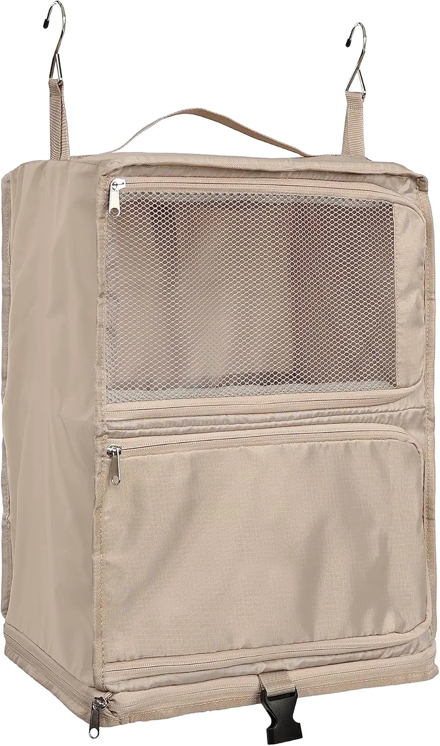 ELEZAY Hanging Packing Cubes Portable Closet 3-Shelf Travel Collapsible Compression Garment Organizer for Carry-on Luggage Suitcase Space Saver Bag X-Large_No Side Pockets, Beige