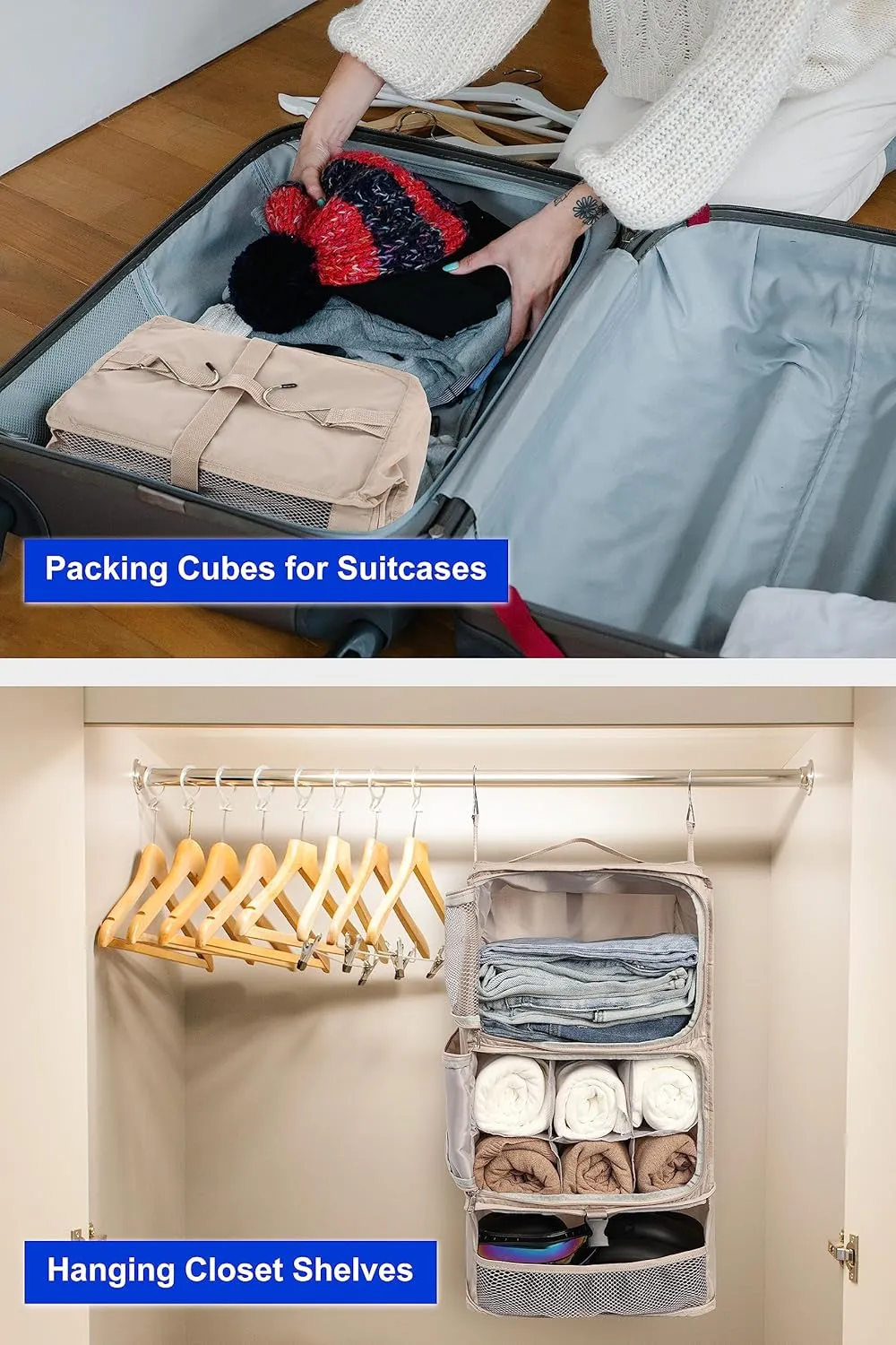 ELEZAY Hanging Packing Cubes Portable Closet 3-Shelf Travel Collapsible Compression Garment Organizer for Carry-on Luggage Suitcase Space Saver Bag X-Large_No Side Pockets, Beige