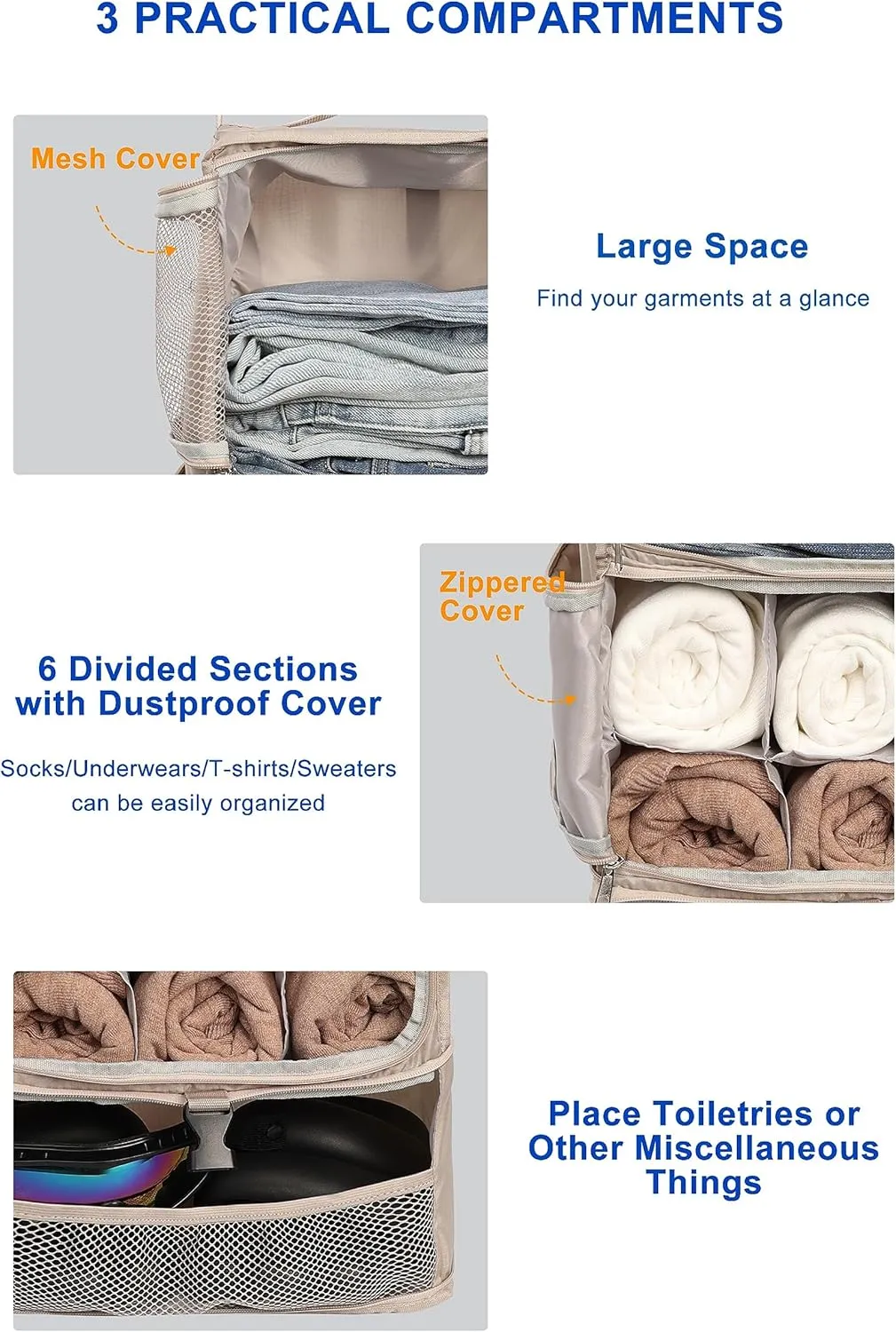 ELEZAY Hanging Packing Cubes Portable Closet 3-Shelf Travel Collapsible Compression Garment Organizer for Carry-on Luggage Suitcase Space Saver Bag X-Large_No Side Pockets, Beige
