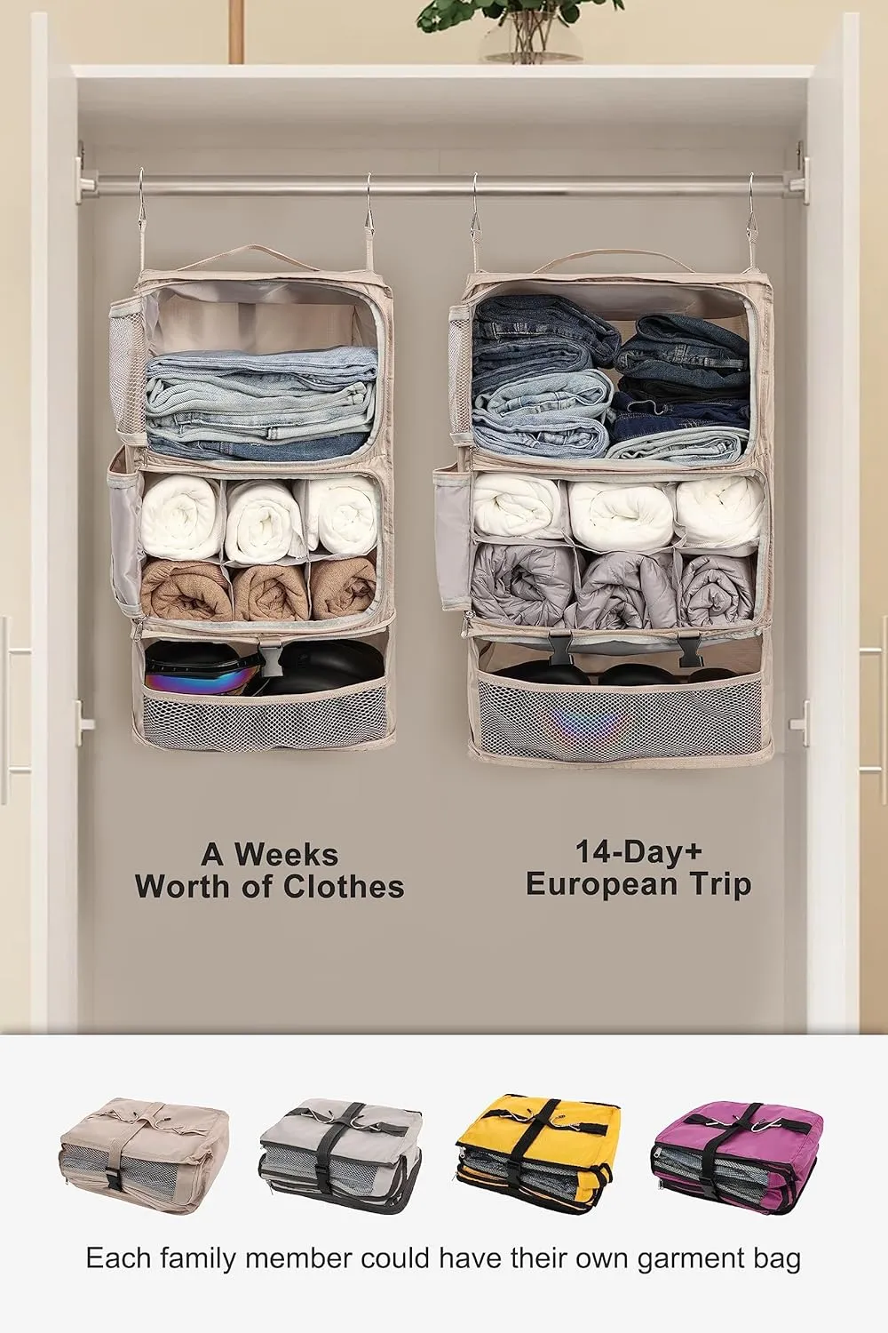 ELEZAY Hanging Packing Cubes Portable Closet 3-Shelf Travel Collapsible Compression Garment Organizer for Carry-on Luggage Suitcase Space Saver Bag X-Large_No Side Pockets, Beige
