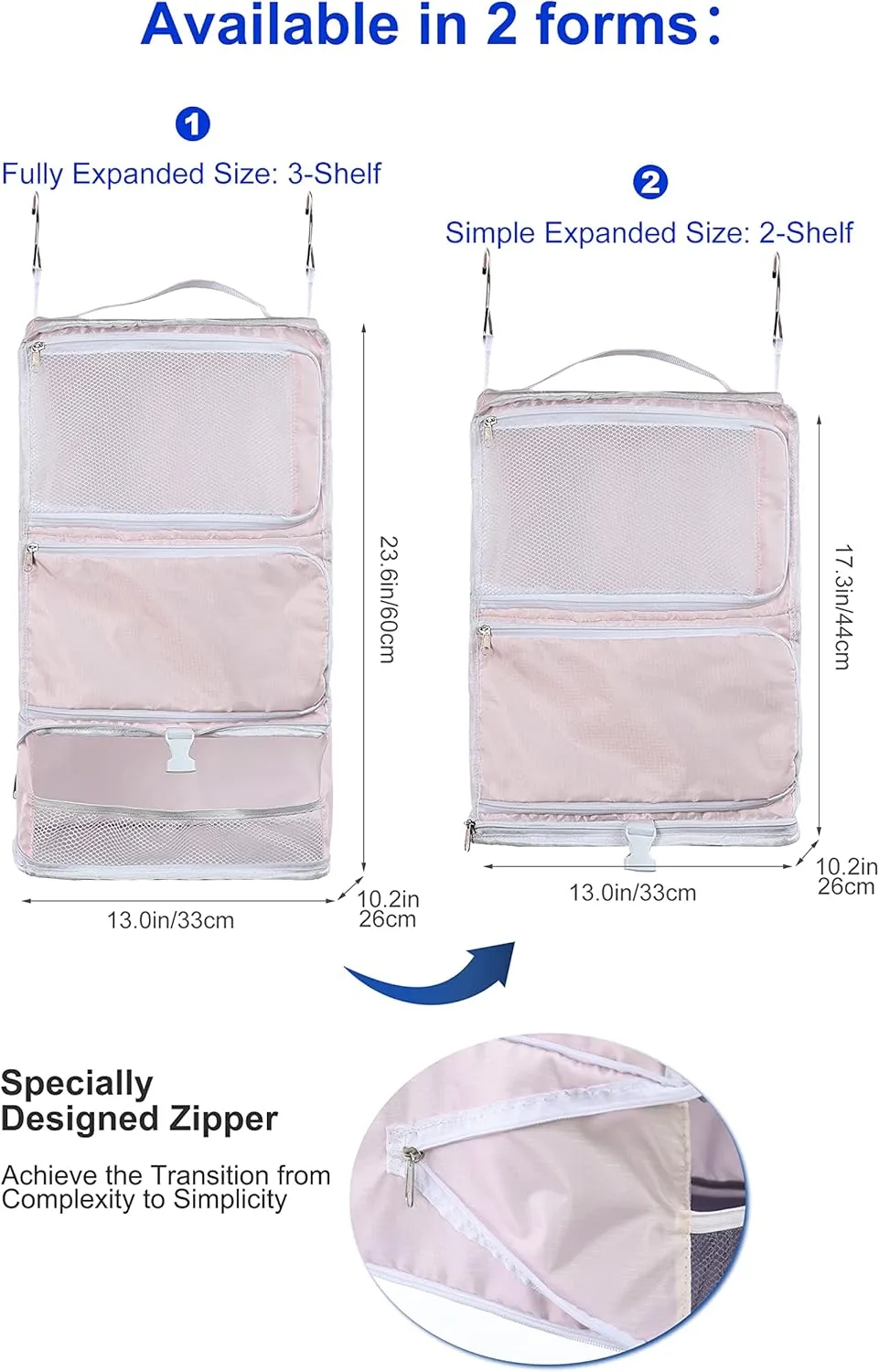 ELEZAY Hanging Packing Cubes Portable Closet 3-Shelf Travel Collapsible Compression Garment Organizer for Carry-on Luggage Suitcase Space Saver Bag X-Large_No Side Pockets, Blush Pink