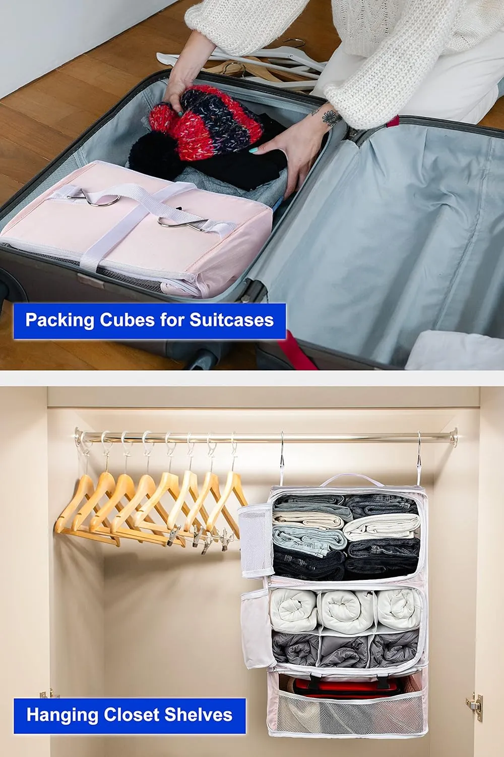 ELEZAY Hanging Packing Cubes Portable Closet 3-Shelf Travel Collapsible Compression Garment Organizer for Carry-on Luggage Suitcase Space Saver Bag X-Large_No Side Pockets, Blush Pink