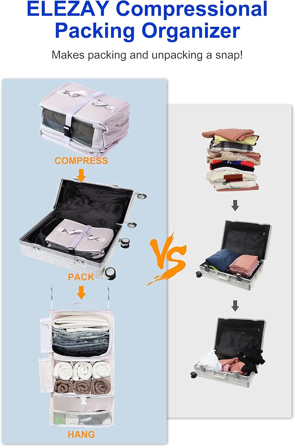 ELEZAY Hanging Packing Cubes Portable Closet 3-Shelf Travel Collapsible Compression Garment Organizer for Carry-on Luggage Suitcase Space Saver Bag X-Large_No Side Pockets, Blush Pink