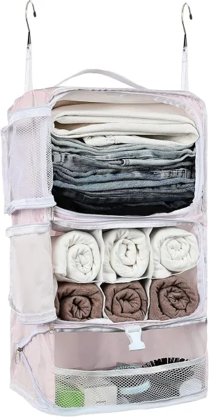ELEZAY Hanging Packing Cubes Portable Closet 3-Shelf Travel Collapsible Compression Garment Organizer for Carry-on Luggage Suitcase Space Saver Bag X-Large_No Side Pockets, Blush Pink