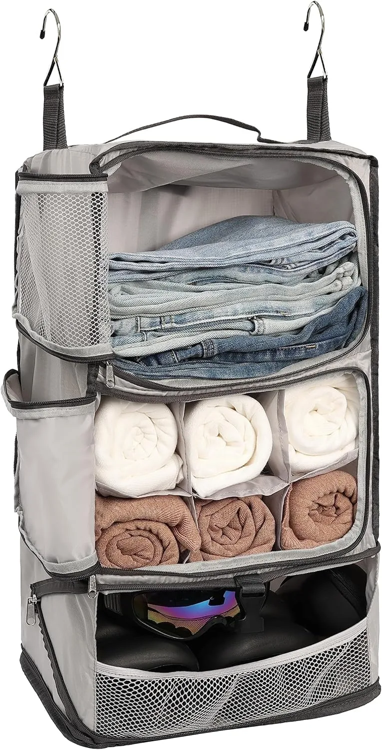 ELEZAY Hanging Packing Cubes Portable Closet 3-Shelf Travel Collapsible Compression Garment Organizer for Carry-on Luggage Suitcase Space Saver Bag X-Large_No Side Pockets, Lightgrey