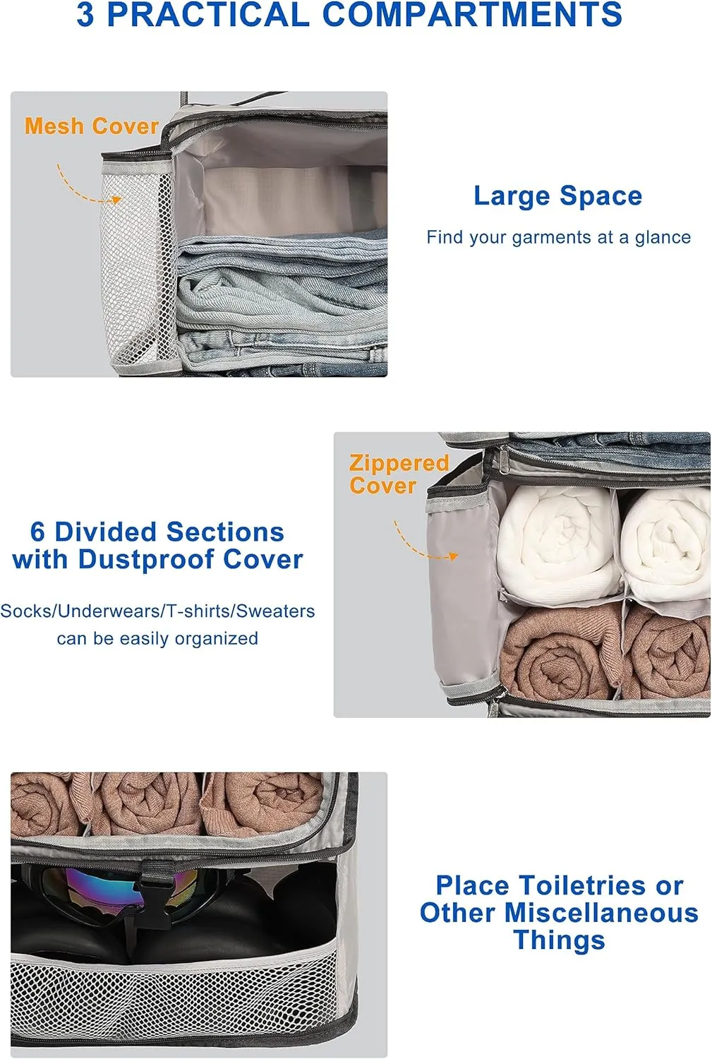 ELEZAY Hanging Packing Cubes Portable Closet 3-Shelf Travel Collapsible Compression Garment Organizer for Carry-on Luggage Suitcase Space Saver Bag X-Large_No Side Pockets, Lightgrey