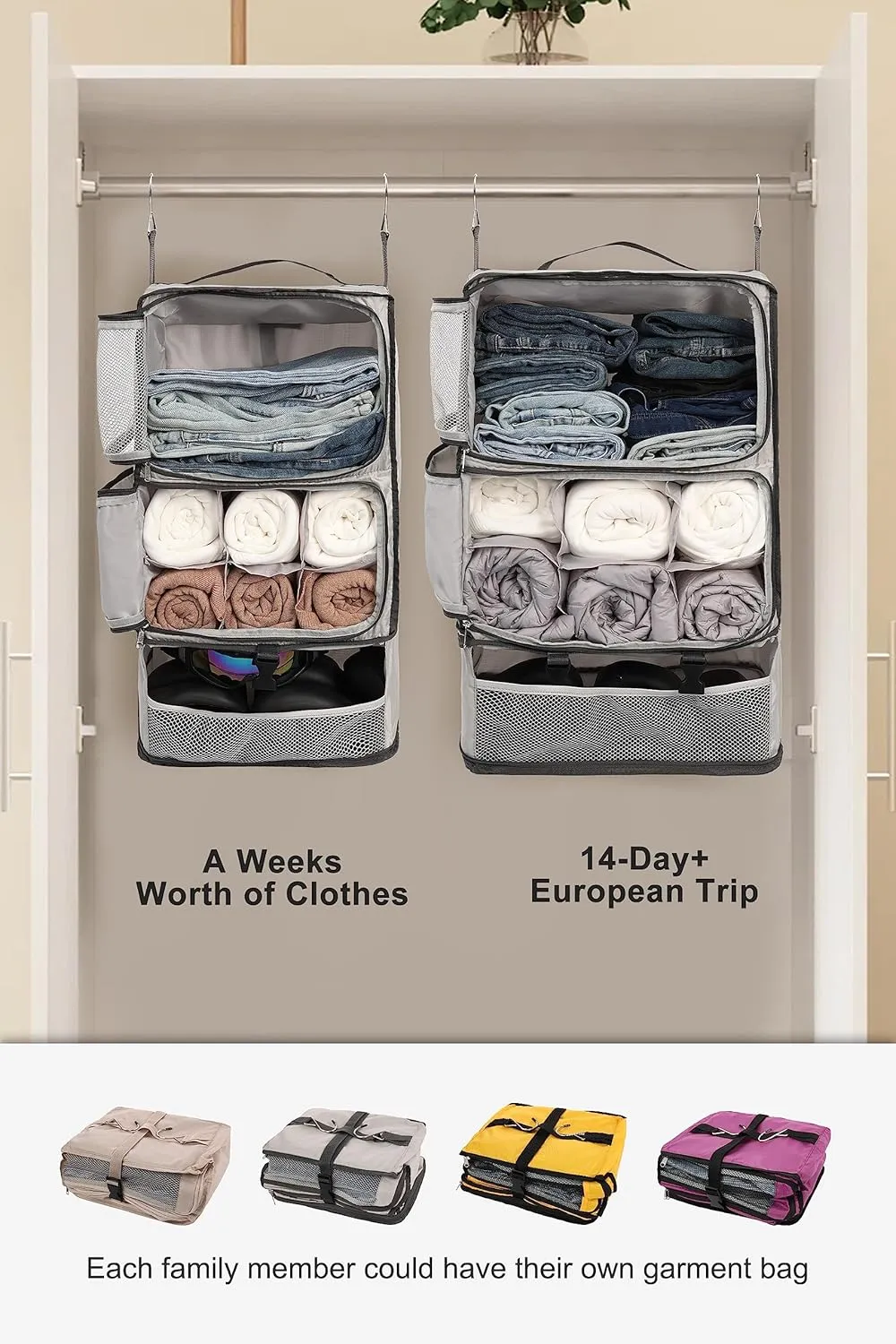 ELEZAY Hanging Packing Cubes Portable Closet 3-Shelf Travel Collapsible Compression Garment Organizer for Carry-on Luggage Suitcase Space Saver Bag X-Large_No Side Pockets, Lightgrey
