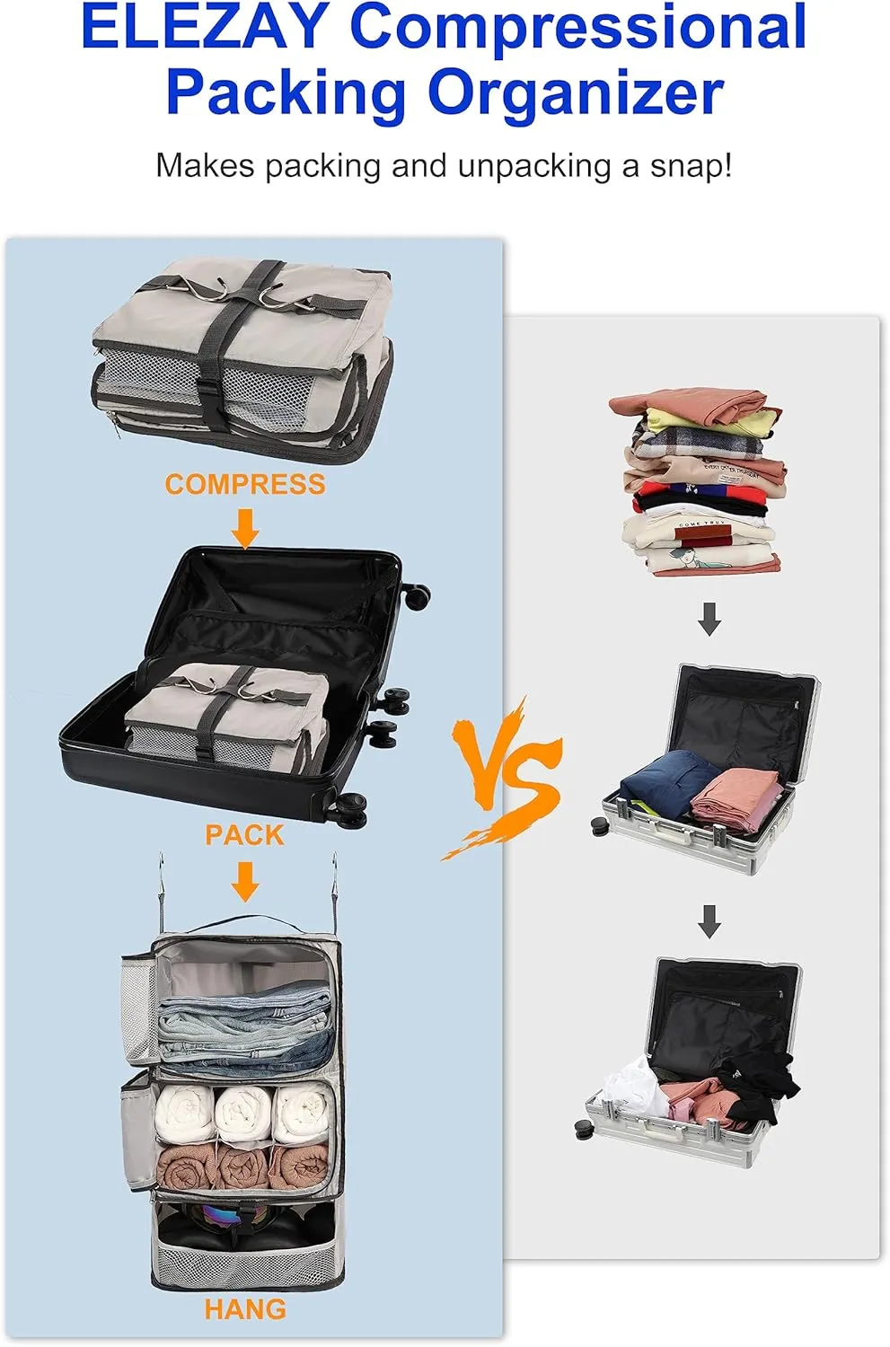 ELEZAY Hanging Packing Cubes Portable Closet 3-Shelf Travel Collapsible Compression Garment Organizer for Carry-on Luggage Suitcase Space Saver Bag X-Large_No Side Pockets, Lightgrey