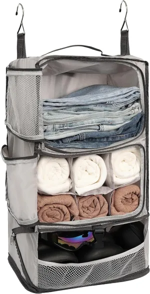 ELEZAY Hanging Packing Cubes Portable Closet 3-Shelf Travel Collapsible Compression Garment Organizer for Carry-on Luggage Suitcase Space Saver Bag X-Large_No Side Pockets, Lightgrey
