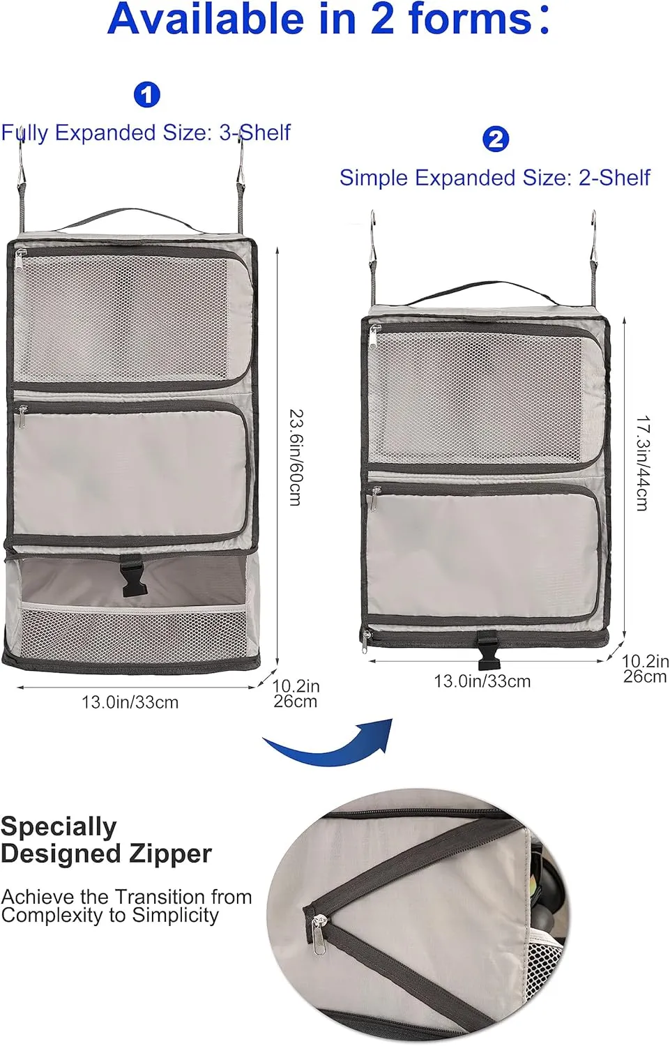 ELEZAY Hanging Packing Cubes Portable Closet 3-Shelf Travel Collapsible Compression Garment Organizer for Carry-on Luggage Suitcase Space Saver Bag X-Large_No Side Pockets, Lightgrey