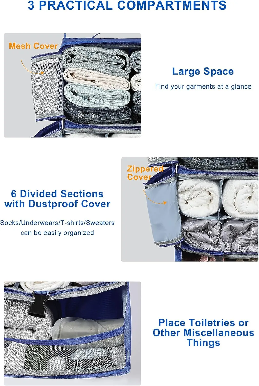 ELEZAY Hanging Packing Cubes Portable Closet 3-Shelf Travel Collapsible Compression Garment Organizer for Carry-on Luggage Suitcase Space Saver Bag XX-Large_16*12 * 24 in, Blue