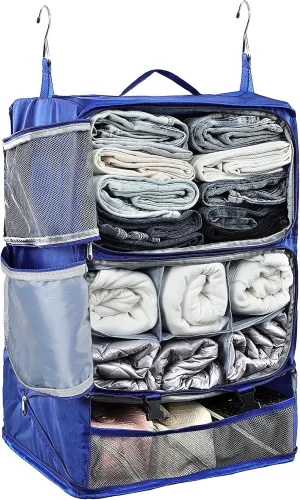 ELEZAY Hanging Packing Cubes Portable Closet 3-Shelf Travel Collapsible Compression Garment Organizer for Carry-on Luggage Suitcase Space Saver Bag XX-Large_16*12 * 24 in, Blue