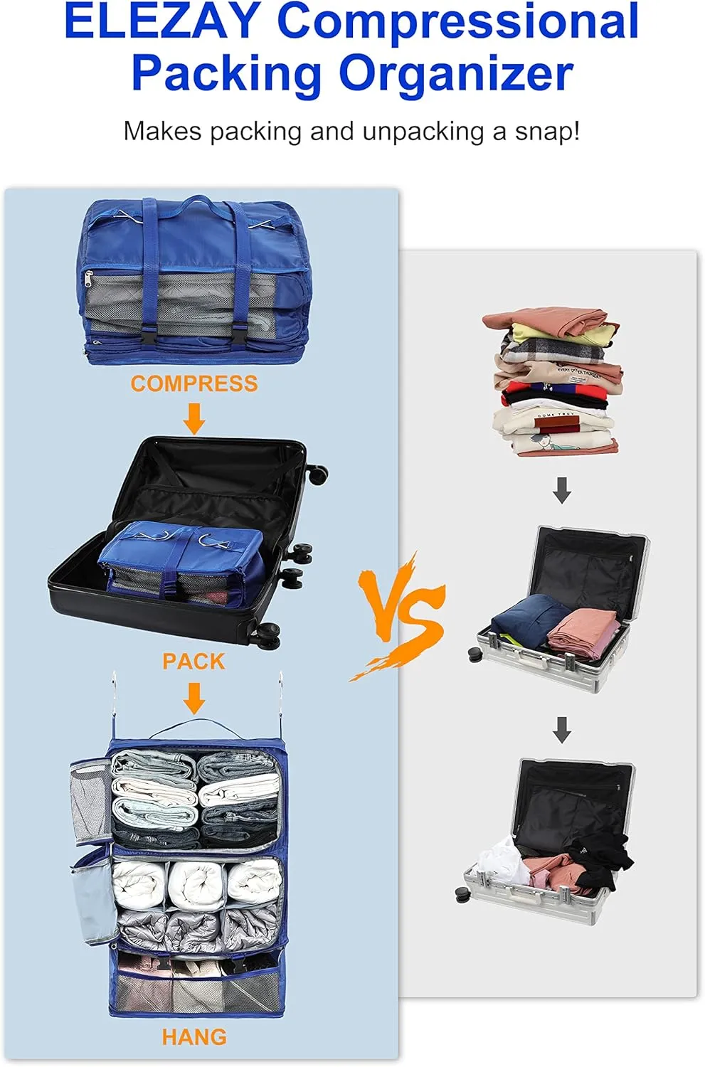 ELEZAY Hanging Packing Cubes Portable Closet 3-Shelf Travel Collapsible Compression Garment Organizer for Carry-on Luggage Suitcase Space Saver Bag XX-Large_16*12 * 24 in, Blue