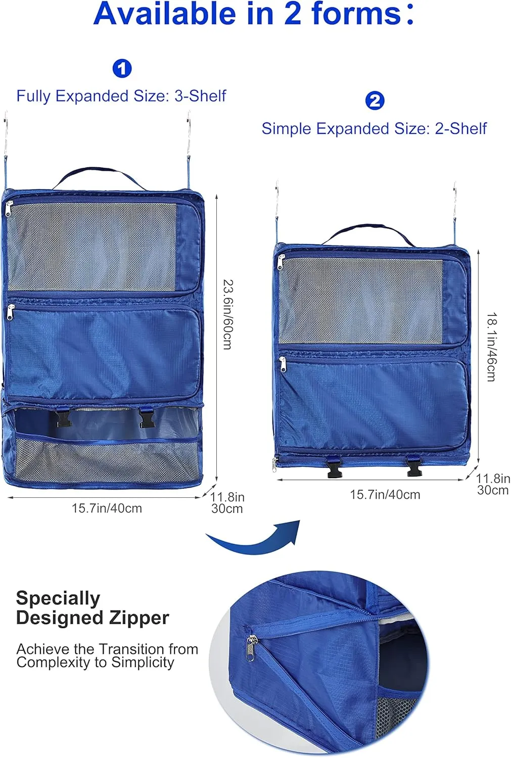 ELEZAY Hanging Packing Cubes Portable Closet 3-Shelf Travel Collapsible Compression Garment Organizer for Carry-on Luggage Suitcase Space Saver Bag XX-Large_16*12 * 24 in, Blue