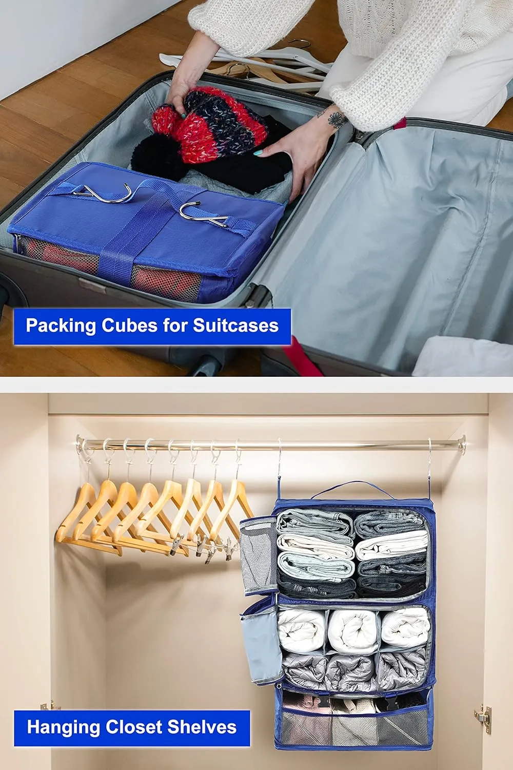 ELEZAY Hanging Packing Cubes Portable Closet 3-Shelf Travel Collapsible Compression Garment Organizer for Carry-on Luggage Suitcase Space Saver Bag XX-Large_16*12 * 24 in, Blue