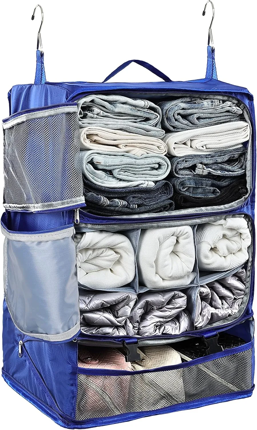 ELEZAY Hanging Packing Cubes Portable Closet 3-Shelf Travel Collapsible Compression Garment Organizer for Carry-on Luggage Suitcase Space Saver Bag XX-Large_16*12 * 24 in, Blue