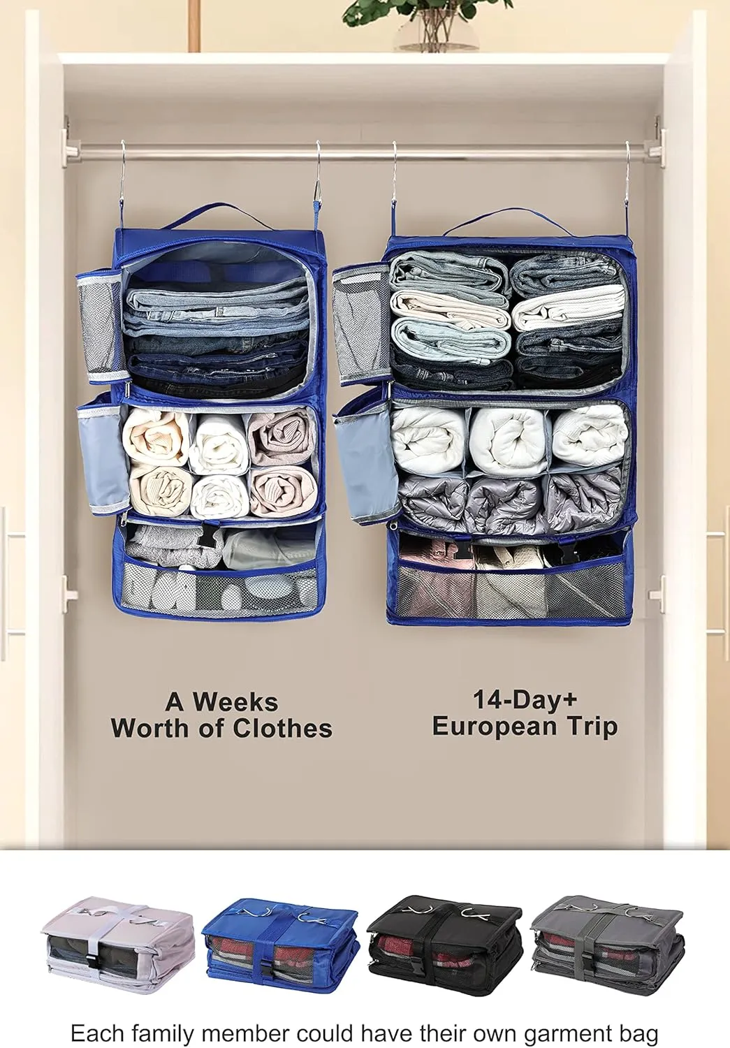 ELEZAY Hanging Packing Cubes Portable Closet 3-Shelf Travel Collapsible Compression Garment Organizer for Carry-on Luggage Suitcase Space Saver Bag XX-Large_16*12 * 24 in, Blue