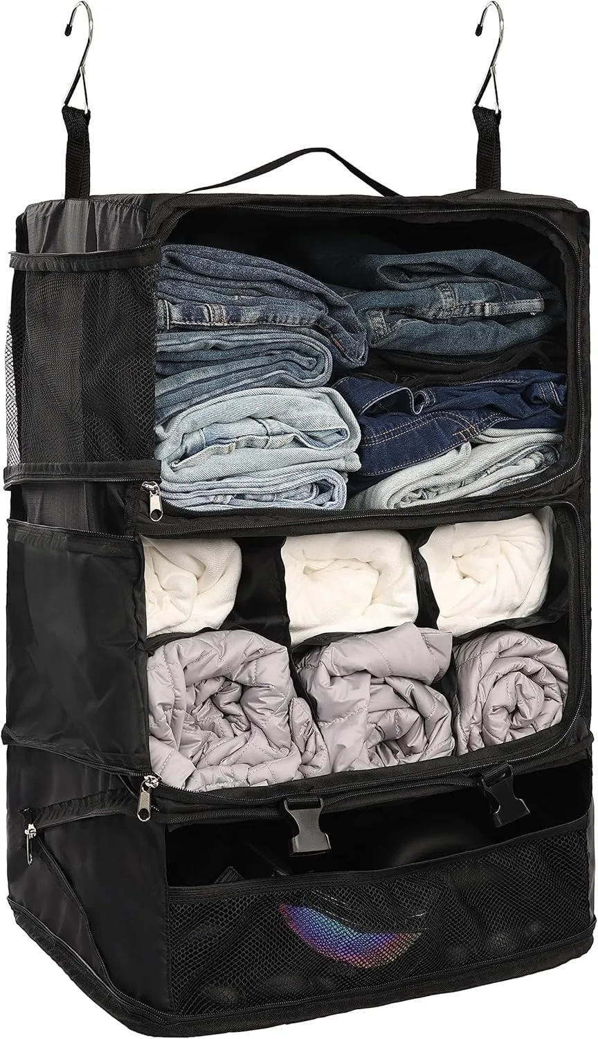 ELEZAY Hanging Packing Cubes Portable Closet 3-Shelf Travel Collapsible Compression Garment Organizer for Carry-on Luggage Suitcase Space Saver Bag XX-Large_No Side Pockets, Black
