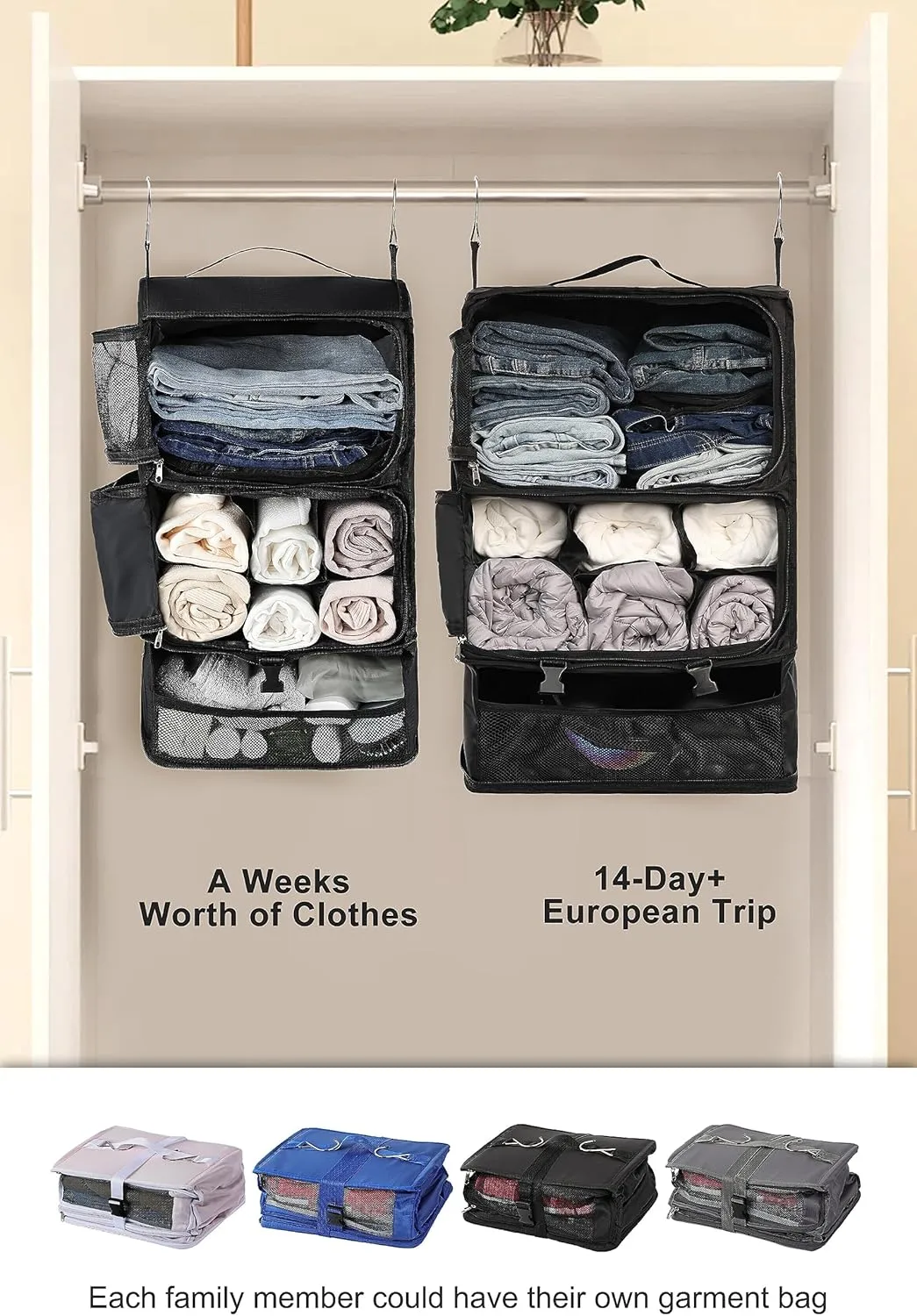 ELEZAY Hanging Packing Cubes Portable Closet 3-Shelf Travel Collapsible Compression Garment Organizer for Carry-on Luggage Suitcase Space Saver Bag XX-Large_No Side Pockets, Black