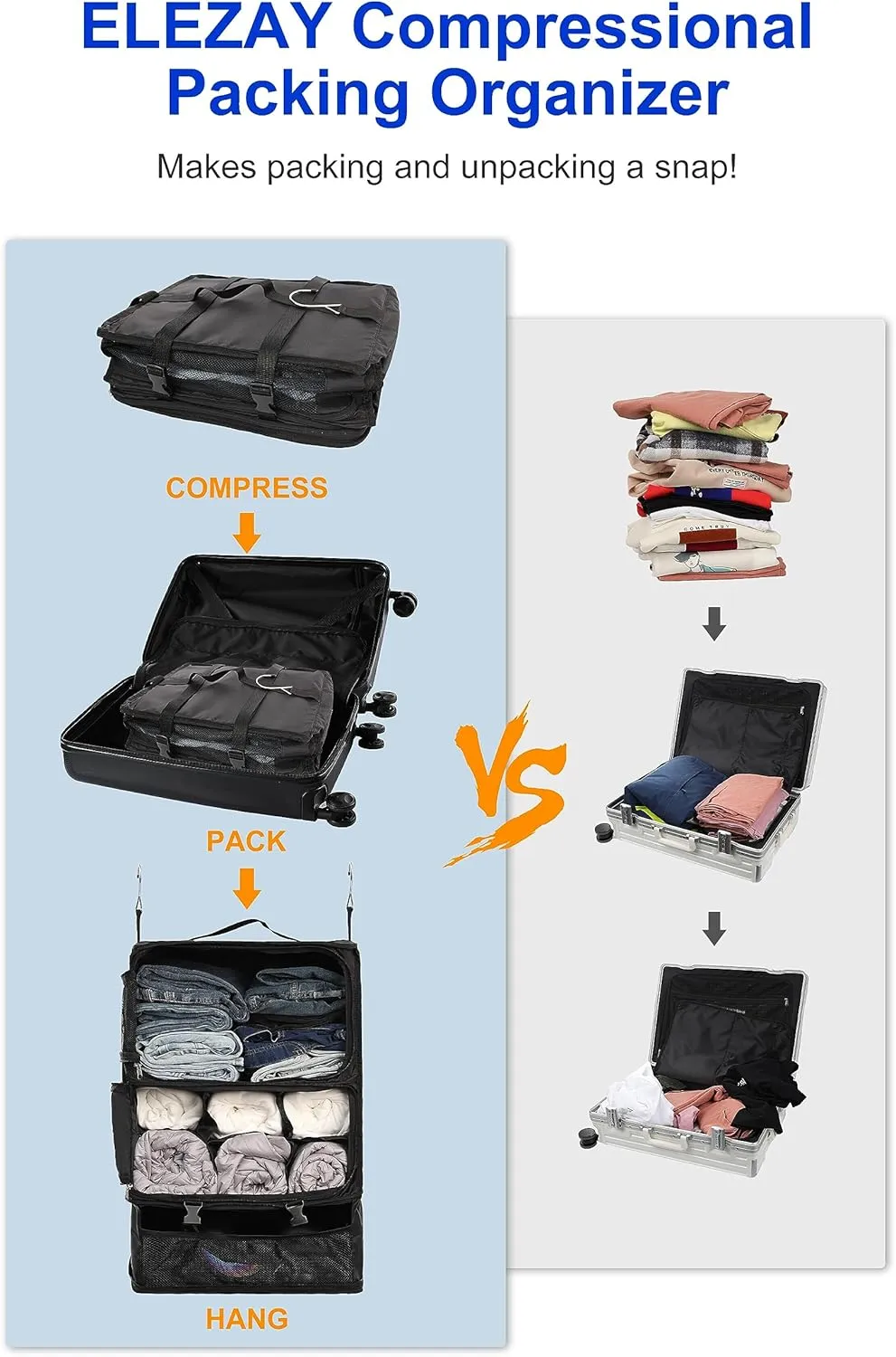 ELEZAY Hanging Packing Cubes Portable Closet 3-Shelf Travel Collapsible Compression Garment Organizer for Carry-on Luggage Suitcase Space Saver Bag XX-Large_No Side Pockets, Black