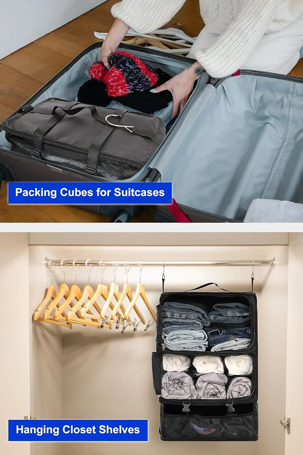ELEZAY Hanging Packing Cubes Portable Closet 3-Shelf Travel Collapsible Compression Garment Organizer for Carry-on Luggage Suitcase Space Saver Bag XX-Large_No Side Pockets, Black
