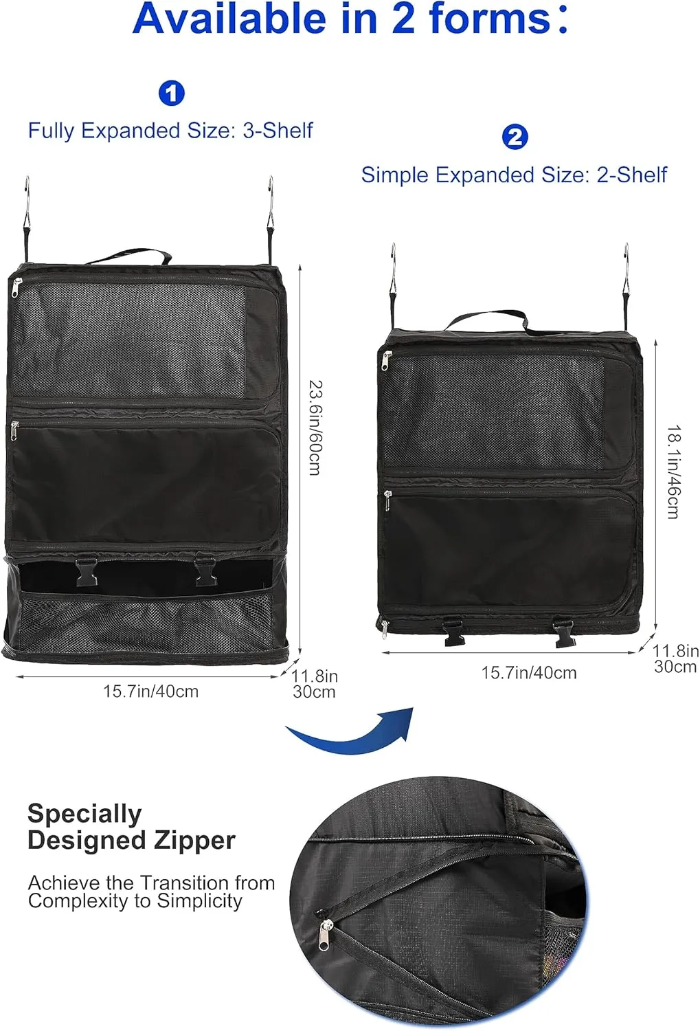 ELEZAY Hanging Packing Cubes Portable Closet 3-Shelf Travel Collapsible Compression Garment Organizer for Carry-on Luggage Suitcase Space Saver Bag XX-Large_No Side Pockets, Black