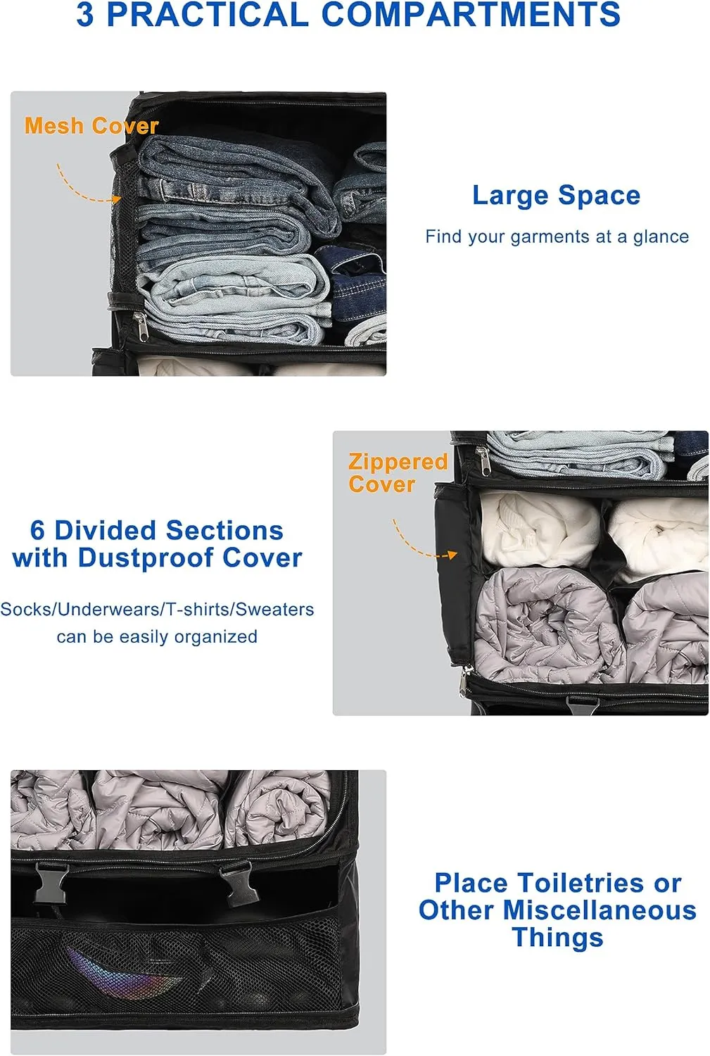 ELEZAY Hanging Packing Cubes Portable Closet 3-Shelf Travel Collapsible Compression Garment Organizer for Carry-on Luggage Suitcase Space Saver Bag XX-Large_No Side Pockets, Black