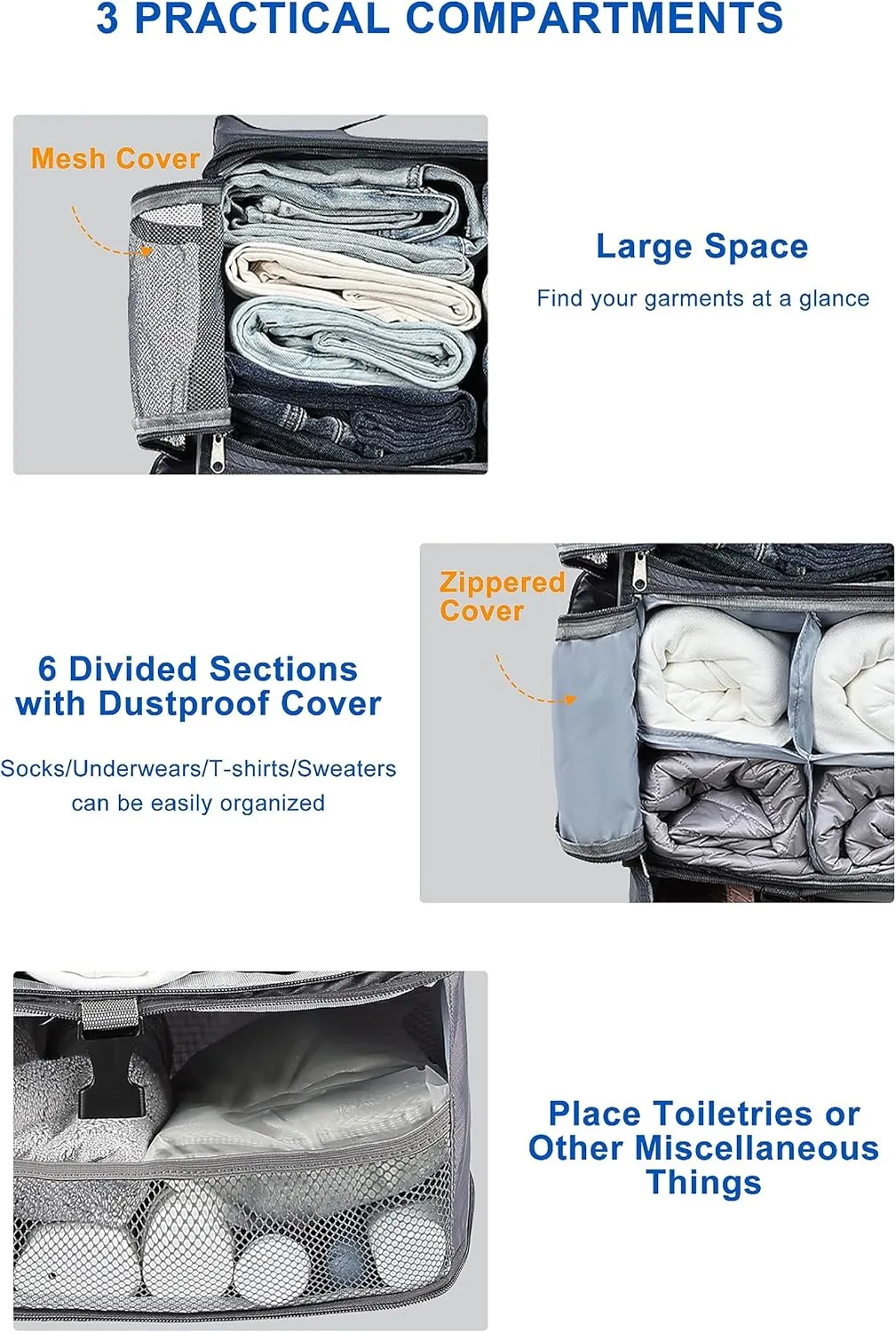 ELEZAY Hanging Packing Cubes Portable Closet 3-Shelf Travel Collapsible Compression Garment Organizer for Carry-on Luggage Suitcase Space Saver Bag XX-Large_No Side Pockets, Gray
