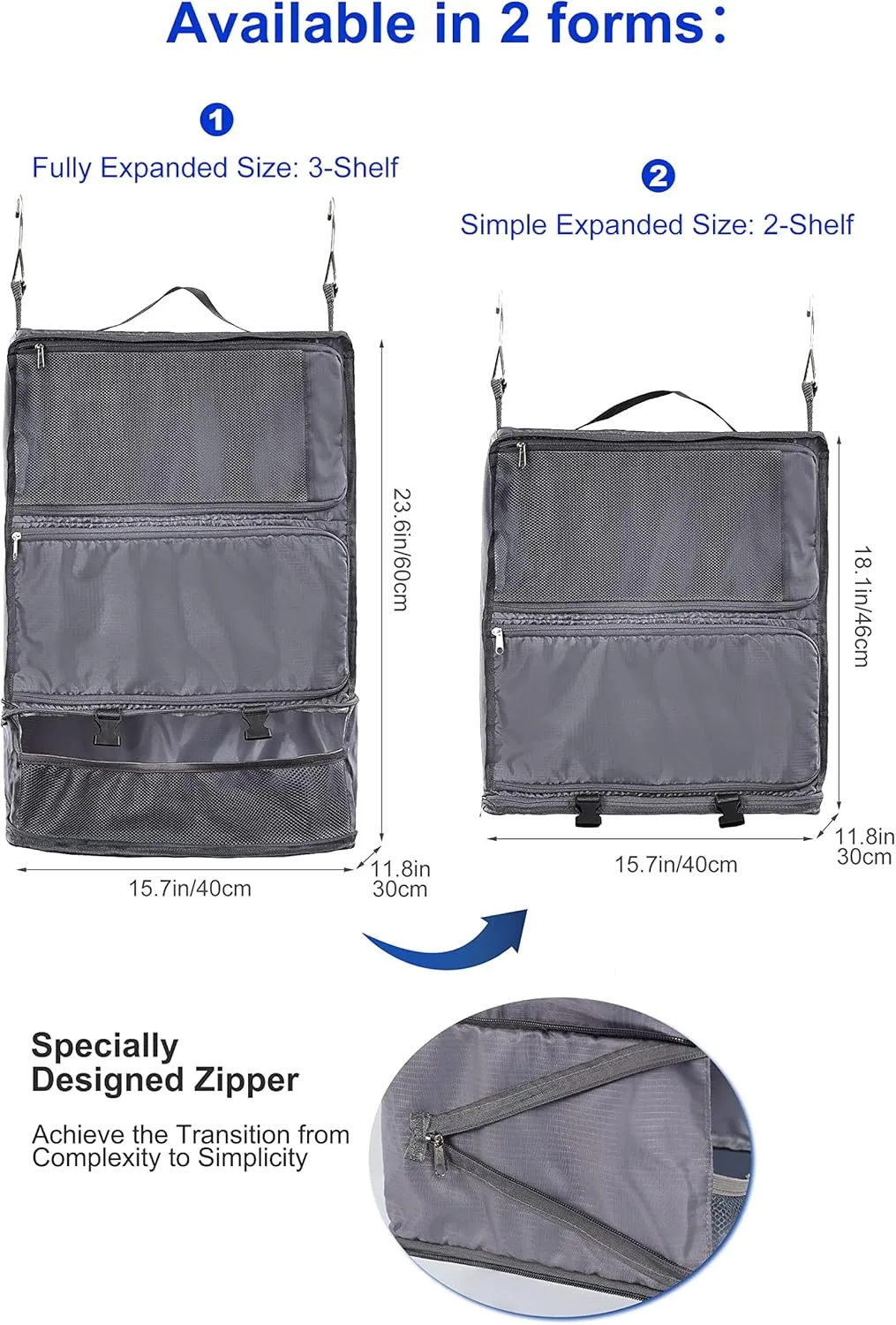 ELEZAY Hanging Packing Cubes Portable Closet 3-Shelf Travel Collapsible Compression Garment Organizer for Carry-on Luggage Suitcase Space Saver Bag XX-Large_No Side Pockets, Gray