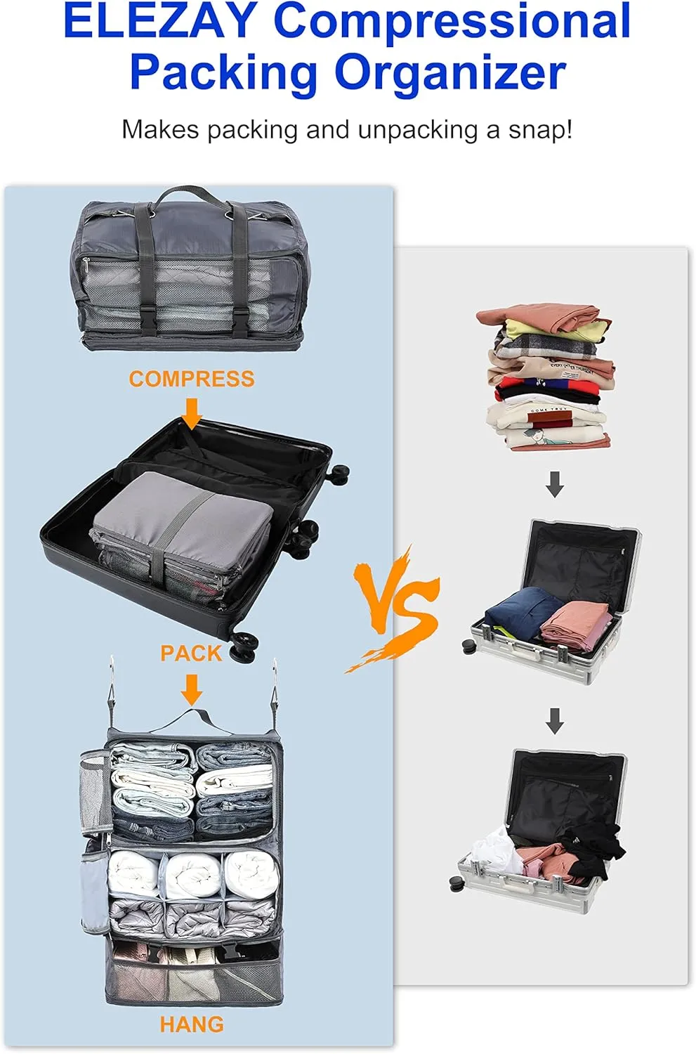 ELEZAY Hanging Packing Cubes Portable Closet 3-Shelf Travel Collapsible Compression Garment Organizer for Carry-on Luggage Suitcase Space Saver Bag XX-Large_No Side Pockets, Gray