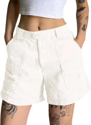 EMMIOL Cargo Shorts for Women 2024 Casual Summer Elastic High Waisted Button Up Comfy Cotton Hiking Shorts with Pockets