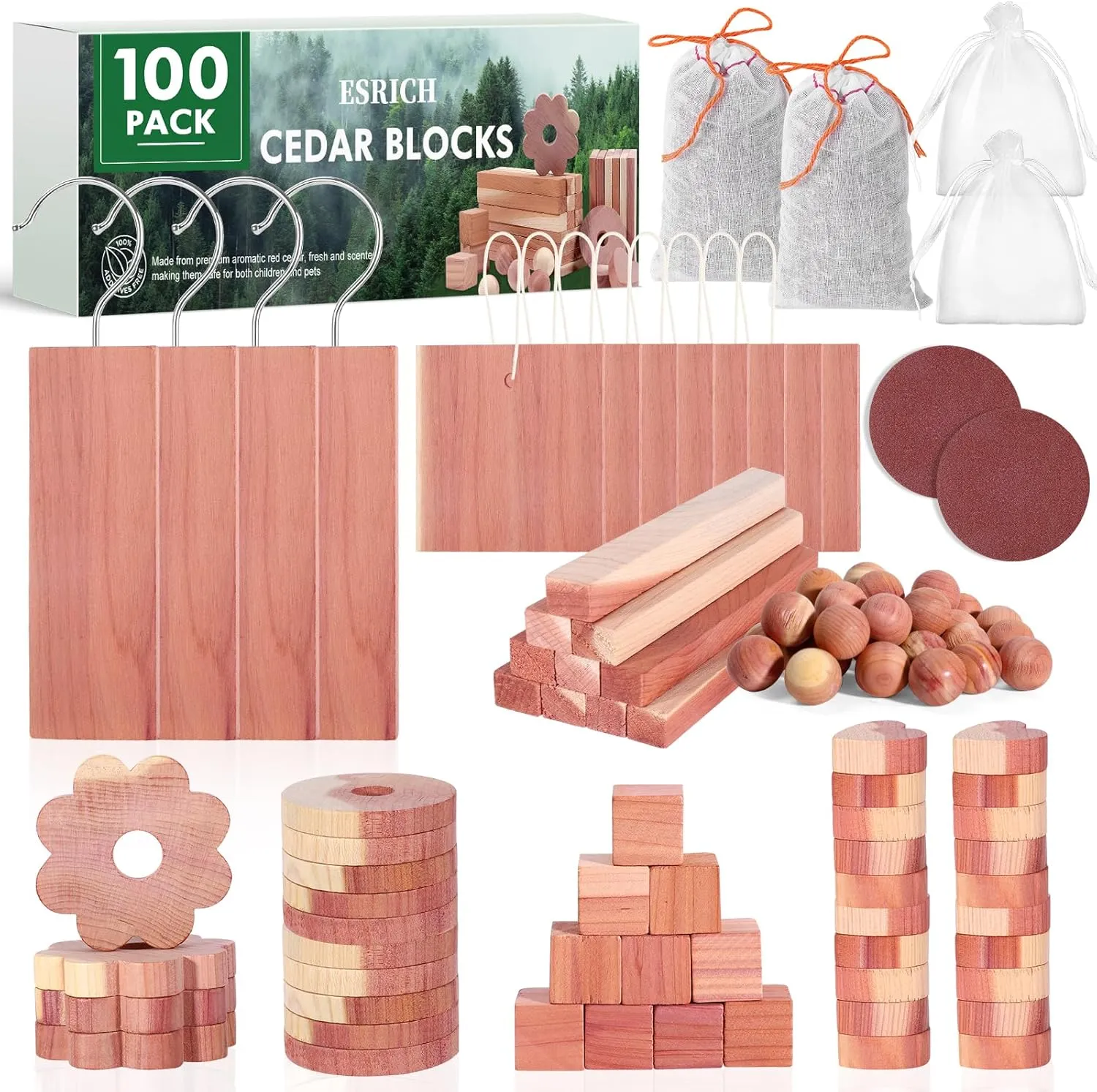 ESRICH Cedar Blocks for Clothes Storage 100PCS,Cedar Planks with Metal Hooks, Cedar Wood Chips Cedar Rings and Balls for Closets and Drawers,Cedar Closet Freshener
