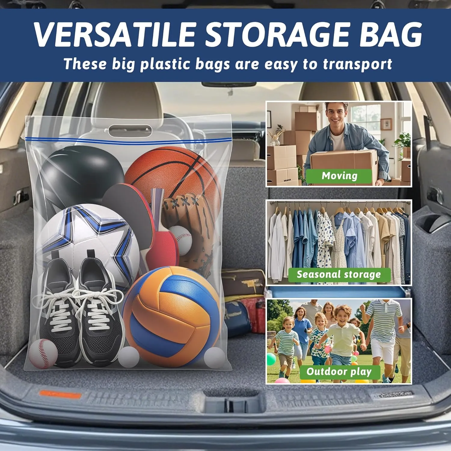 Extra Large 25 Gallon Storage Bags - 35” x 24” with Resealable Zip and Carry Handle, Ideal for Clothes, Pillows, Moving and Travel, Set of 10