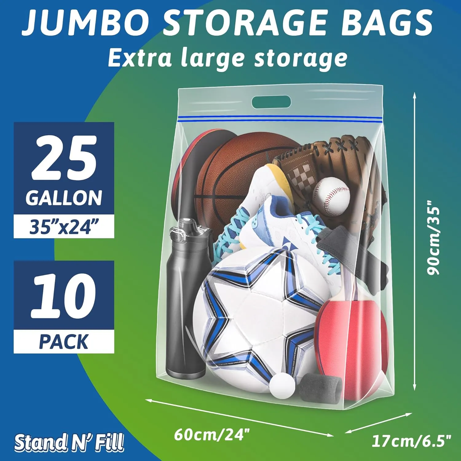 Extra Large 25 Gallon Storage Bags - 35” x 24” with Resealable Zip and Carry Handle, Ideal for Clothes, Pillows, Moving and Travel, Set of 10