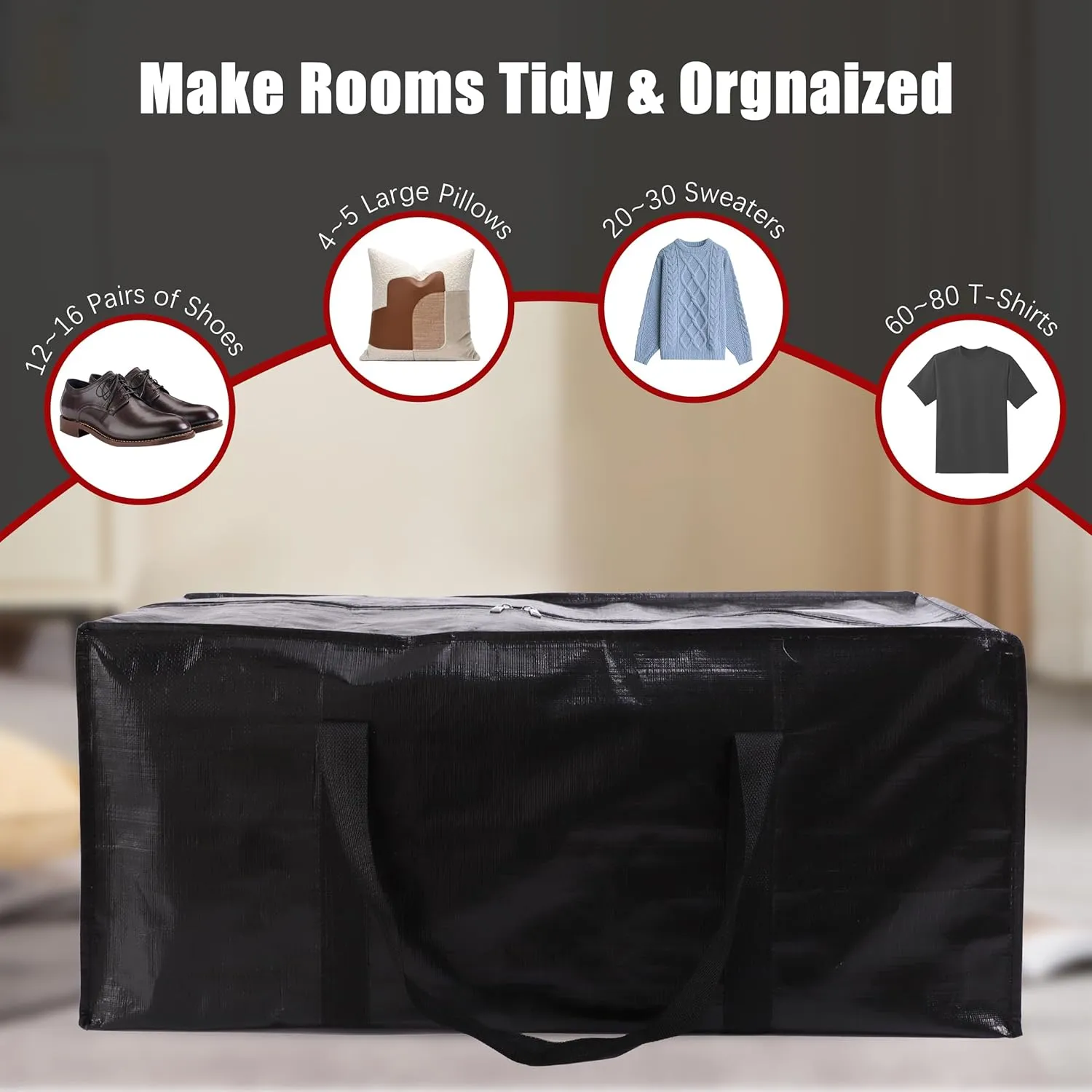 Extra Large Moving Bags with Zippers & Carrying Handles, Heavy-Duty Storage Tote for Space Saving Moving Storage, Fold Flat, Alternative to Box and Bin - 8 Pack, 40 Gal, Black