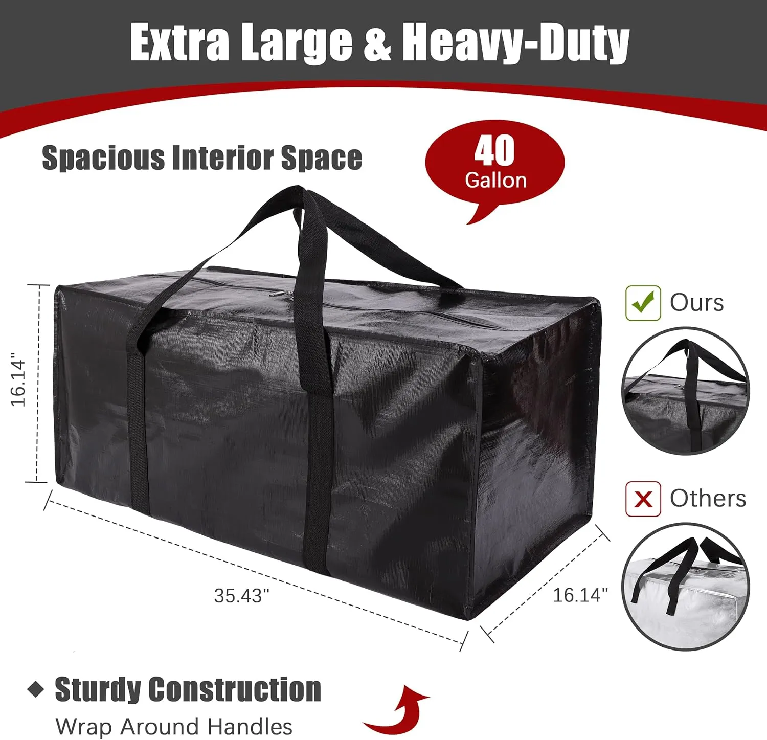 Extra Large Moving Bags with Zippers & Carrying Handles, Heavy-Duty Storage Tote for Space Saving Moving Storage, Fold Flat, Alternative to Box and Bin - 8 Pack, 40 Gal, Black