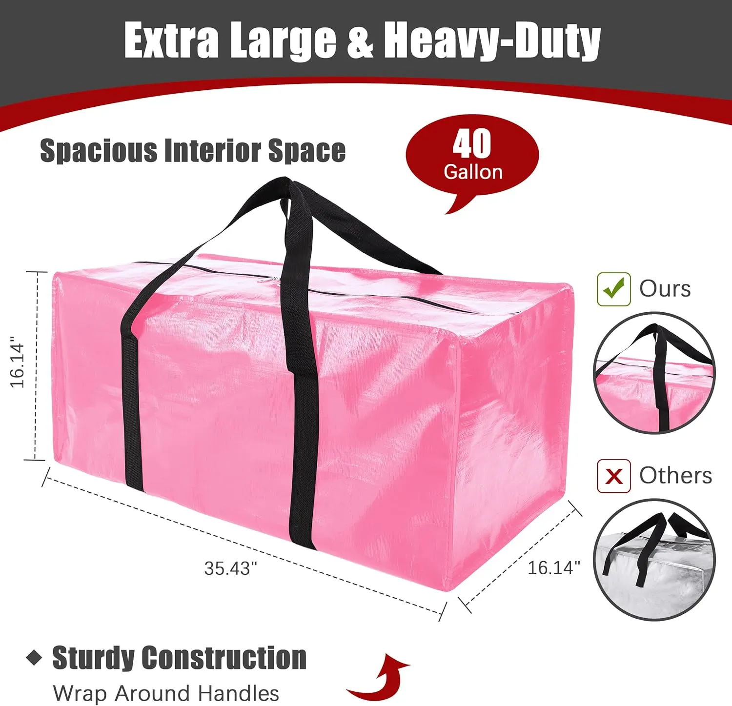 Extra Large Moving Bags with Zippers & Carrying Handles, Heavy-Duty Storage Tote for Space Saving Moving Storage, Fold Flat, Alternative to Box and Bin - 8 Pack, 40 Gal, Pink