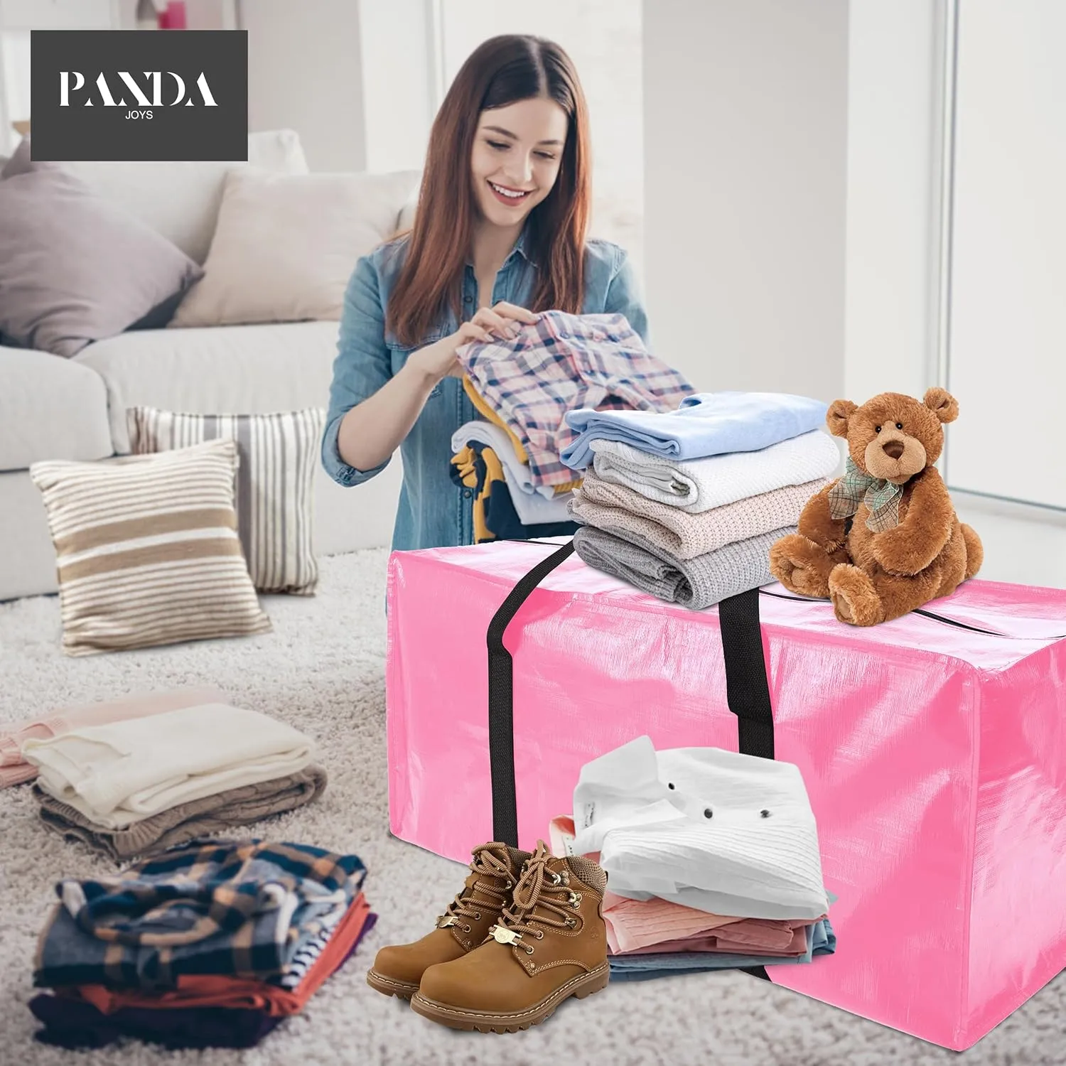 Extra Large Moving Bags with Zippers & Carrying Handles, Heavy-Duty Storage Tote for Space Saving Moving Storage, Fold Flat, Alternative to Box and Bin - 8 Pack, 40 Gal, Pink