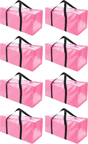 Extra Large Moving Bags with Zippers & Carrying Handles, Heavy-Duty Storage Tote for Space Saving Moving Storage, Fold Flat, Alternative to Box and Bin - 8 Pack, 40 Gal, Pink