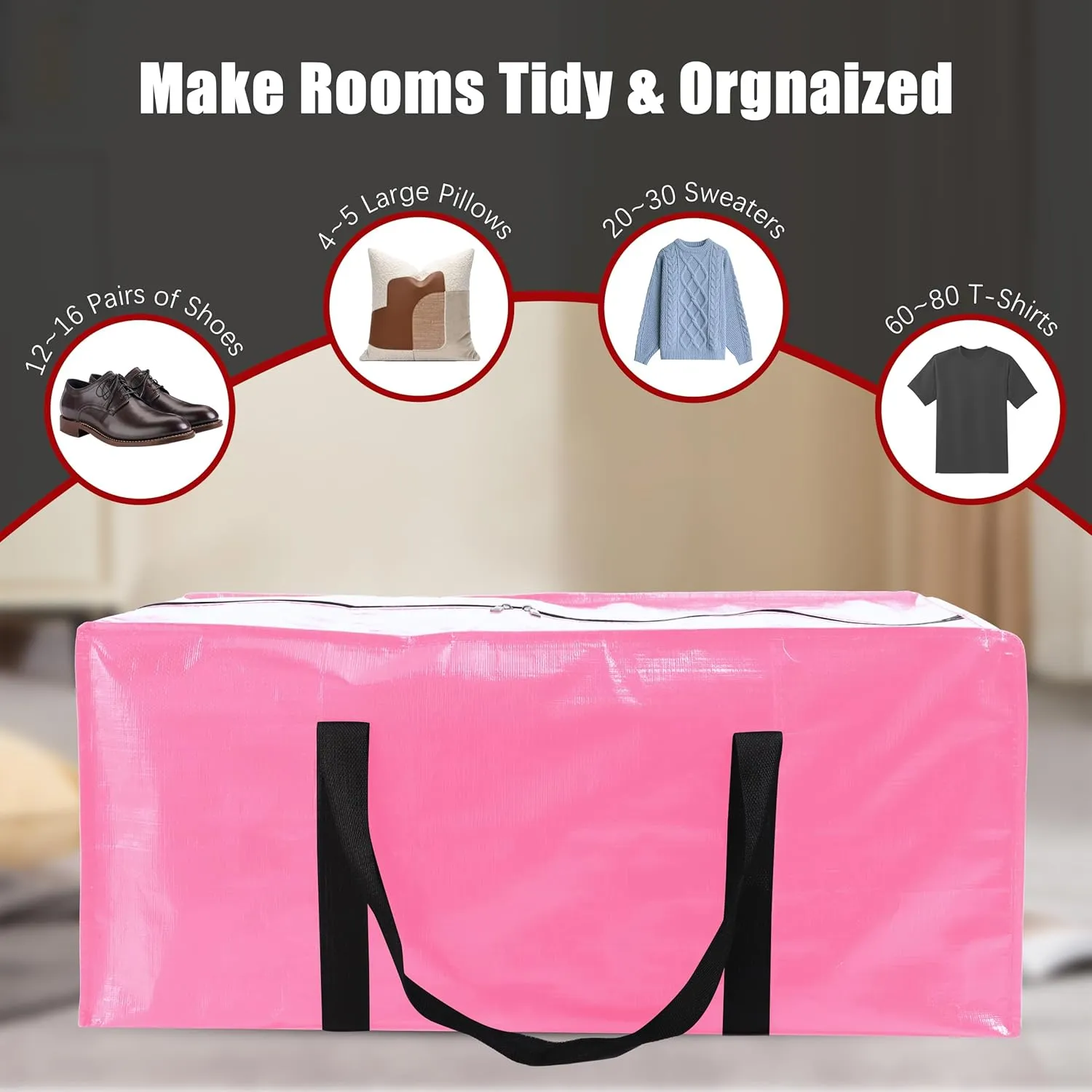 Extra Large Moving Bags with Zippers & Carrying Handles, Heavy-Duty Storage Tote for Space Saving Moving Storage, Fold Flat, Alternative to Box and Bin - 8 Pack, 40 Gal, Pink
