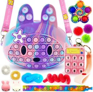 Exun Pop Crossbody Purse Bags Fidget Toy Pack, Bunny Shoulder Bag Mini Sensory Toys, 3 4 5 6 7 8 9 10 Year Old Birthday Party Gift for Girls Kids, Easter Valentine Christmas Stocking Stuffers