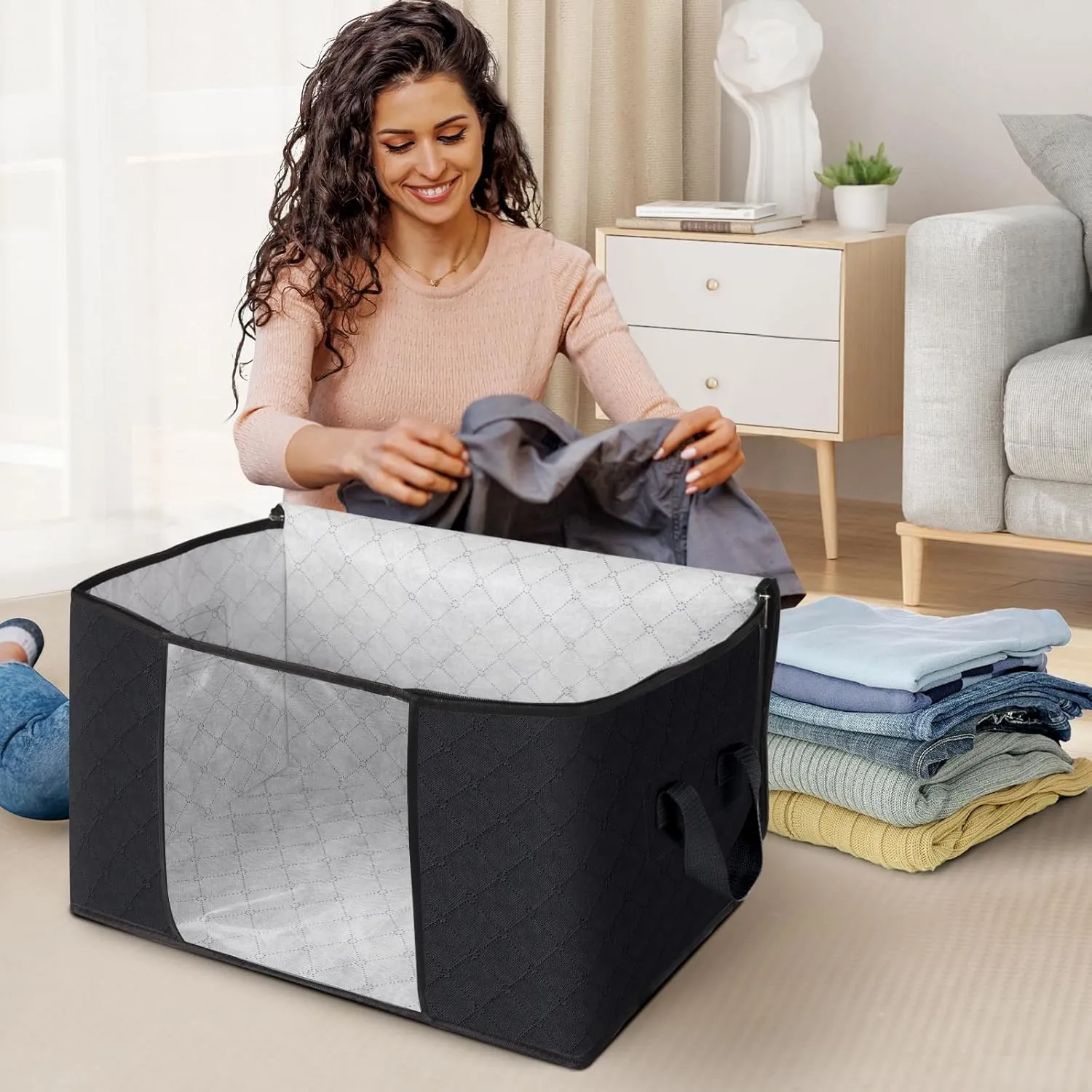 Fab totes 10 Pack Clothes Storage, Foldable Thick Fabric Blanket Storage Bags, Containers for Organizing Bedroom, Closet, Clothing, Comforter,Closet Organization with Handle,Black